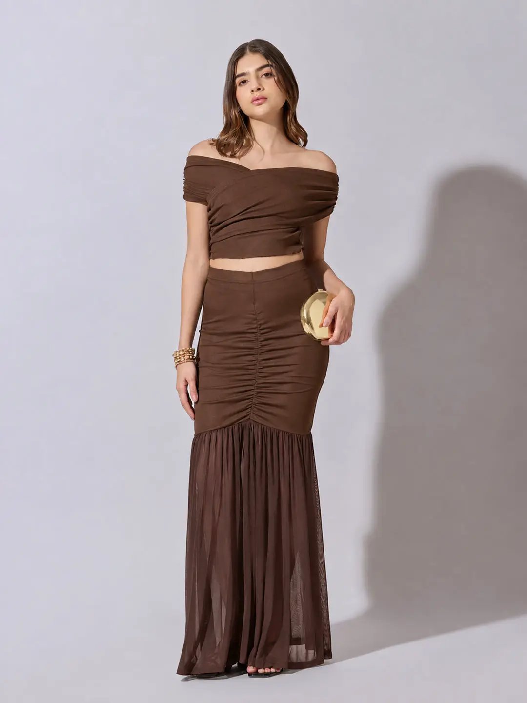 Women's Brown Off Shoulder Crop Top with Ruched Skirt Co Ord Set