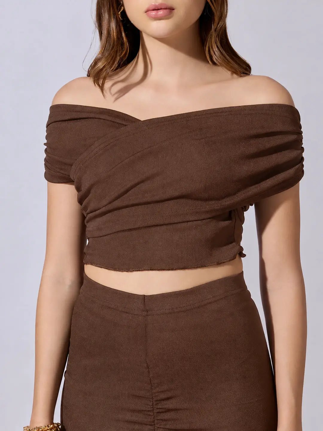 Women's Brown Off Shoulder Crop Top with Ruched Skirt Co Ord Set