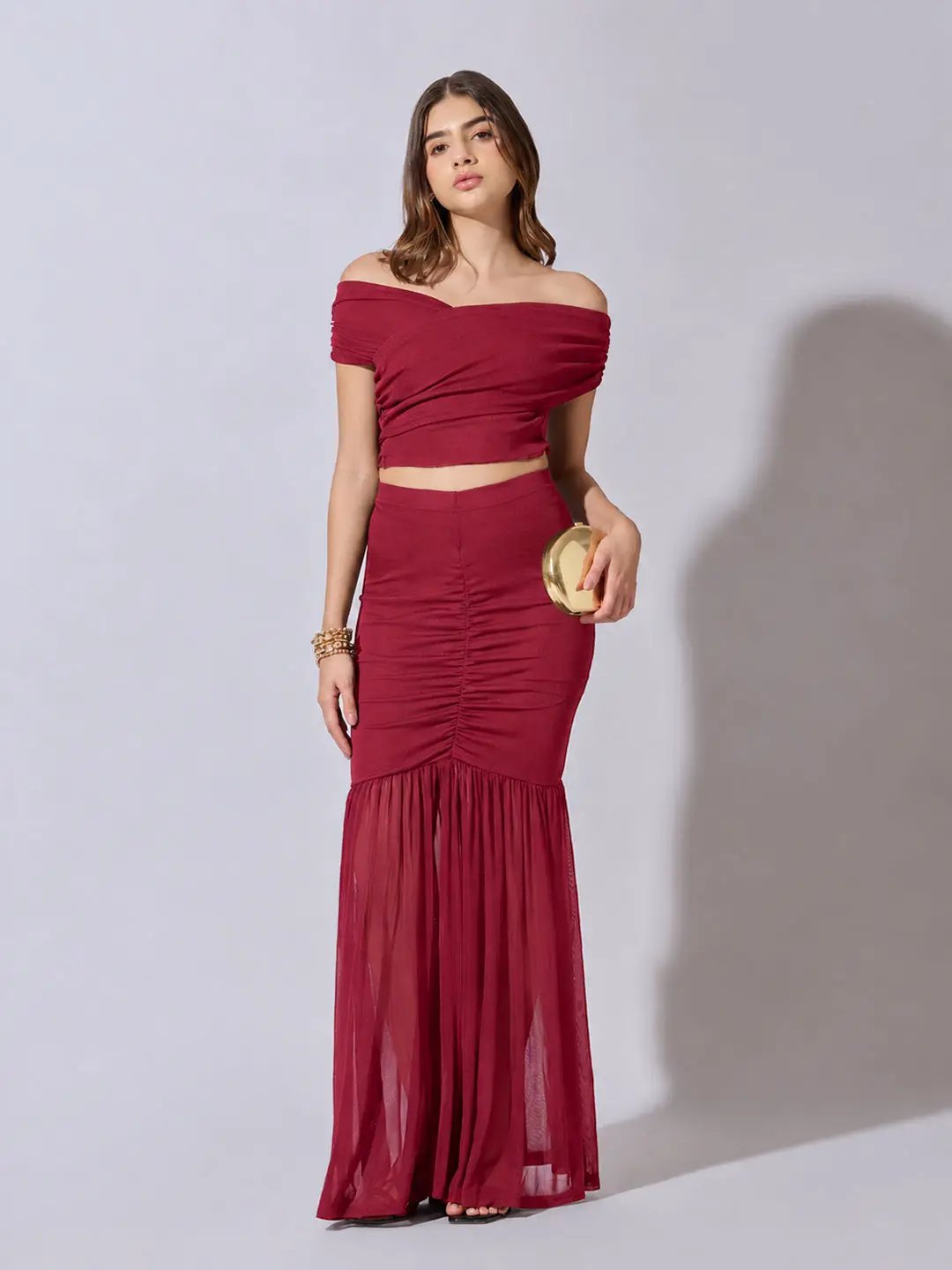 Women's Maroon Off Shoulder Crop Top with Ruched Skirt Co Ord Set