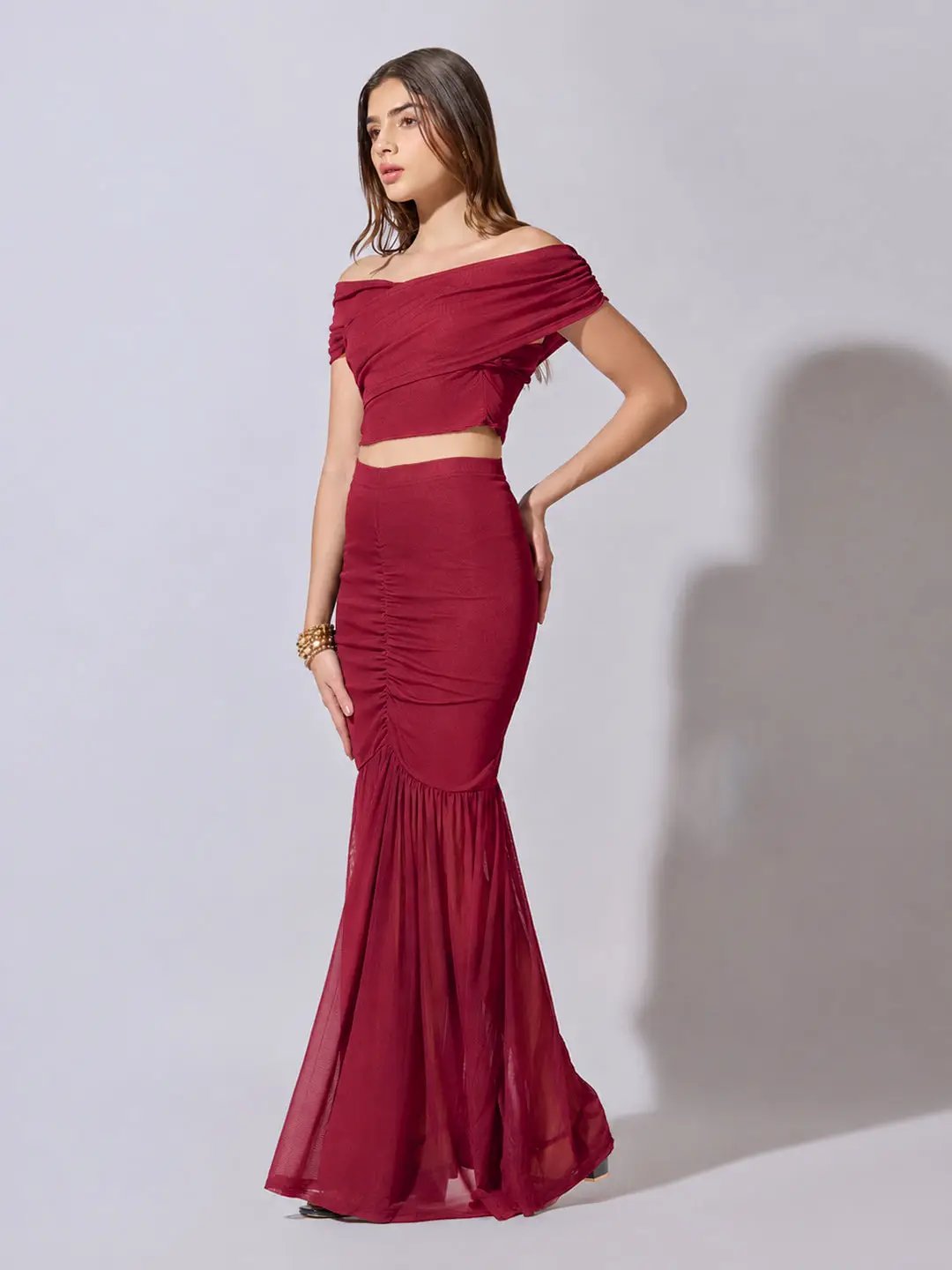 Women's Maroon Off Shoulder Crop Top with Ruched Skirt Co Ord Set