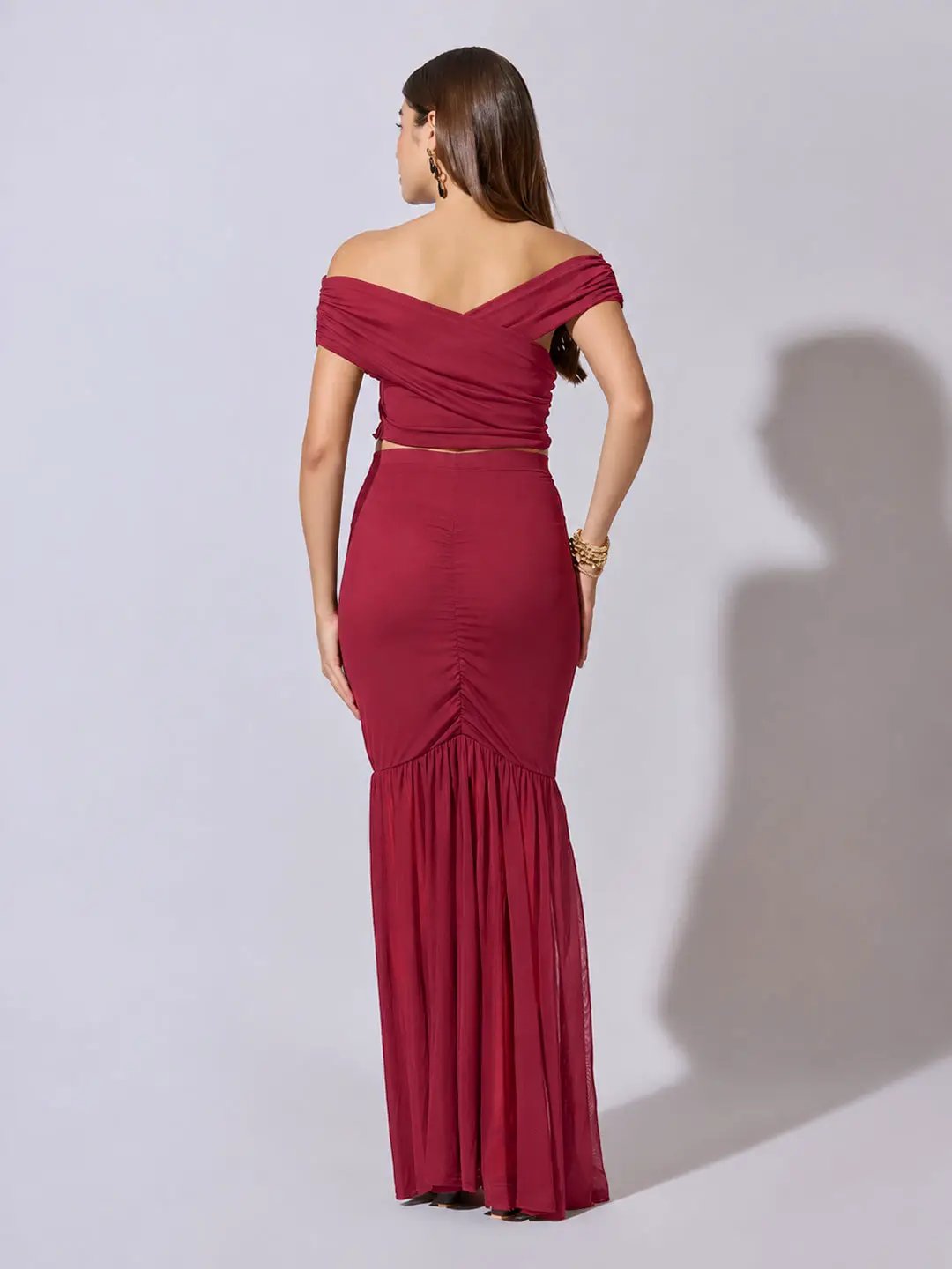 Women's Maroon Off Shoulder Crop Top with Ruched Skirt Co Ord Set