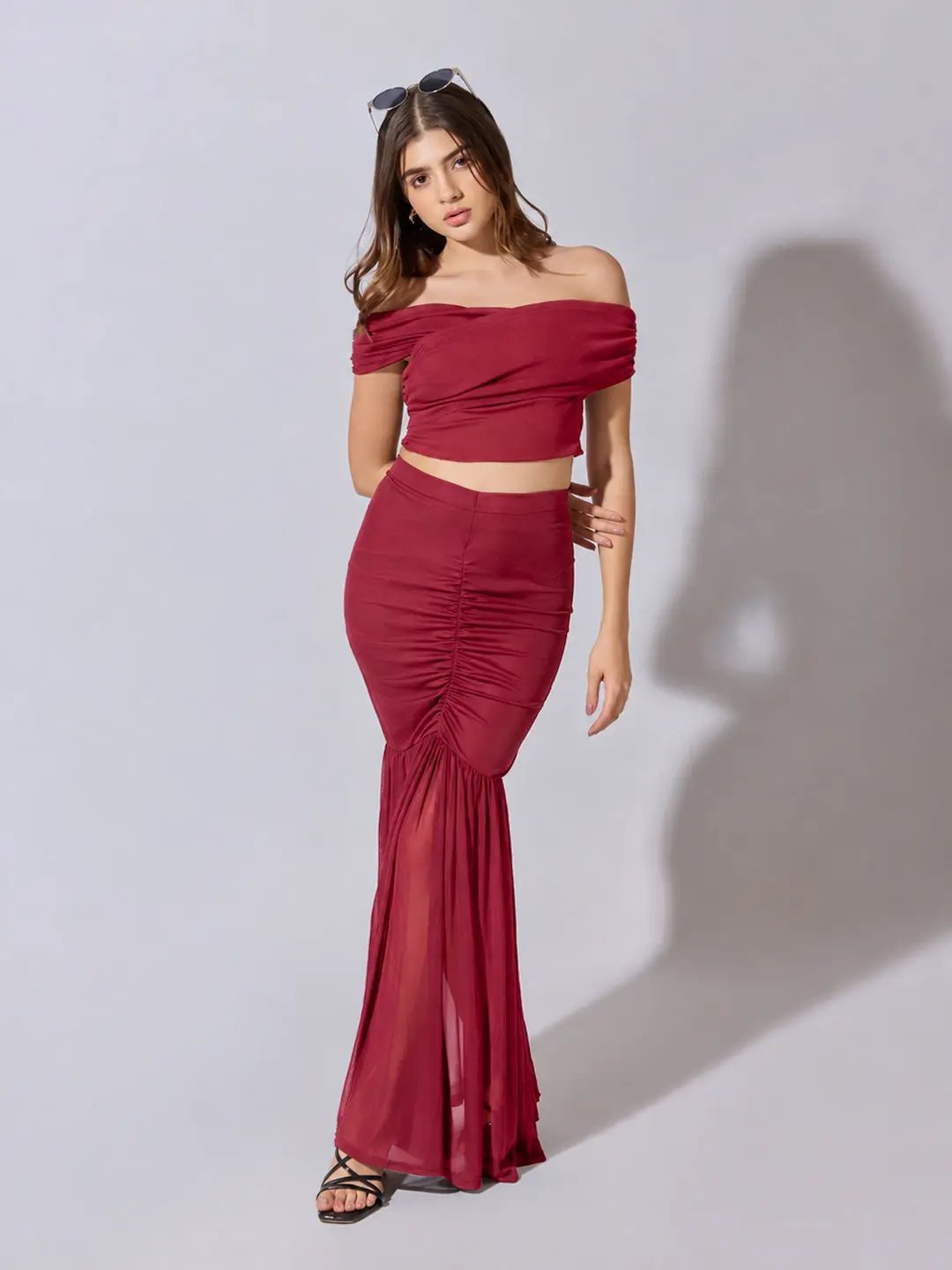 Women's Maroon Off Shoulder Crop Top with Ruched Skirt Co Ord Set