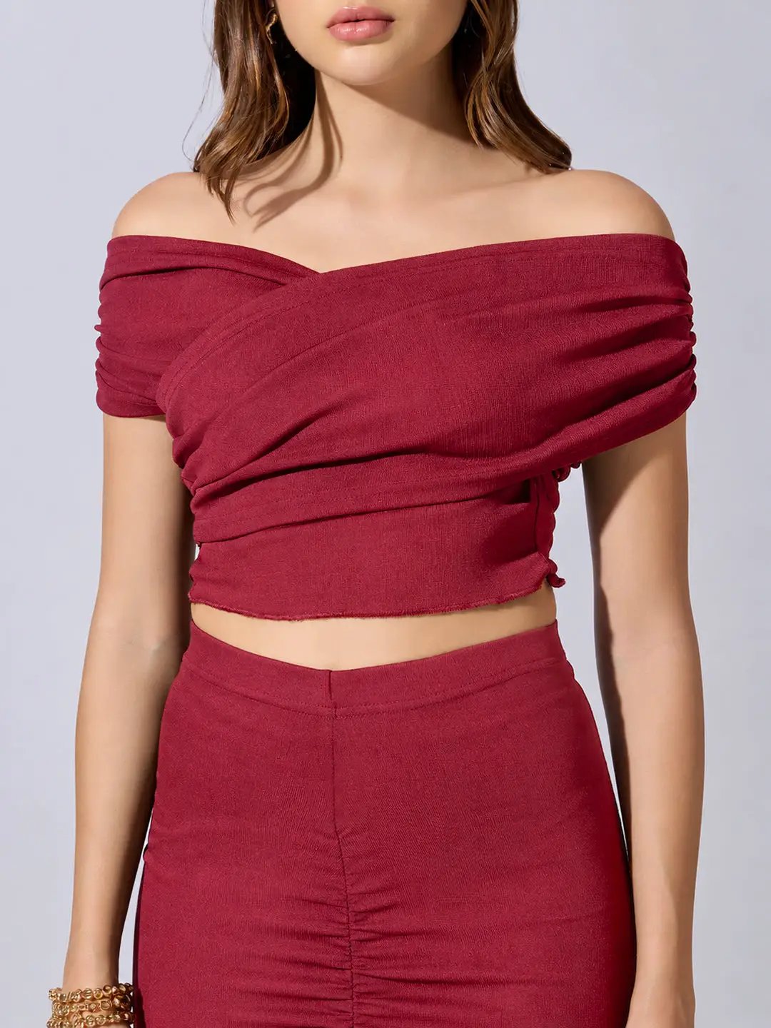Women's Maroon Off Shoulder Crop Top with Ruched Skirt Co Ord Set