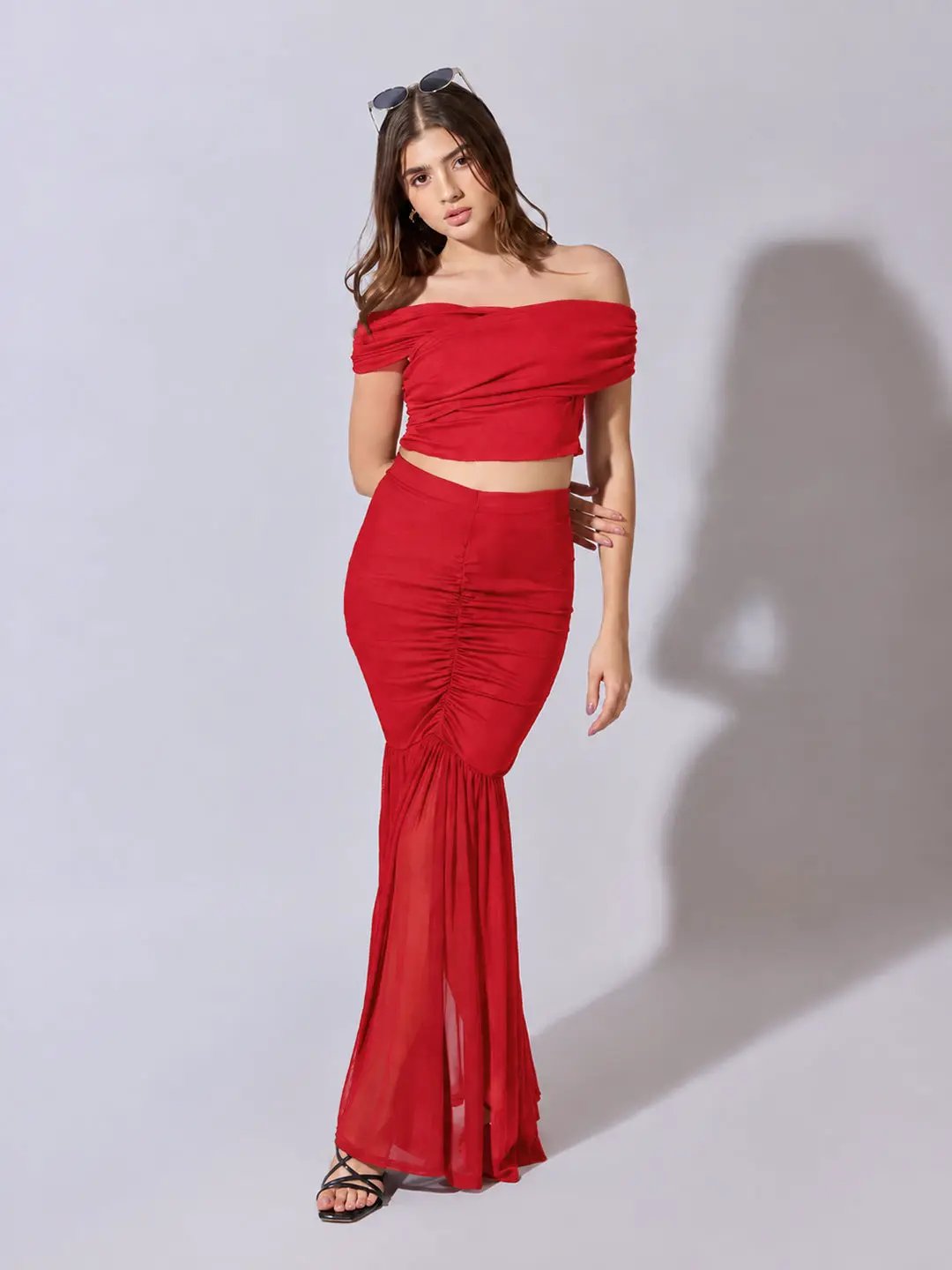 Women's Red Off Shoulder Crop Top with Ruched Skirt Co Ord Set
