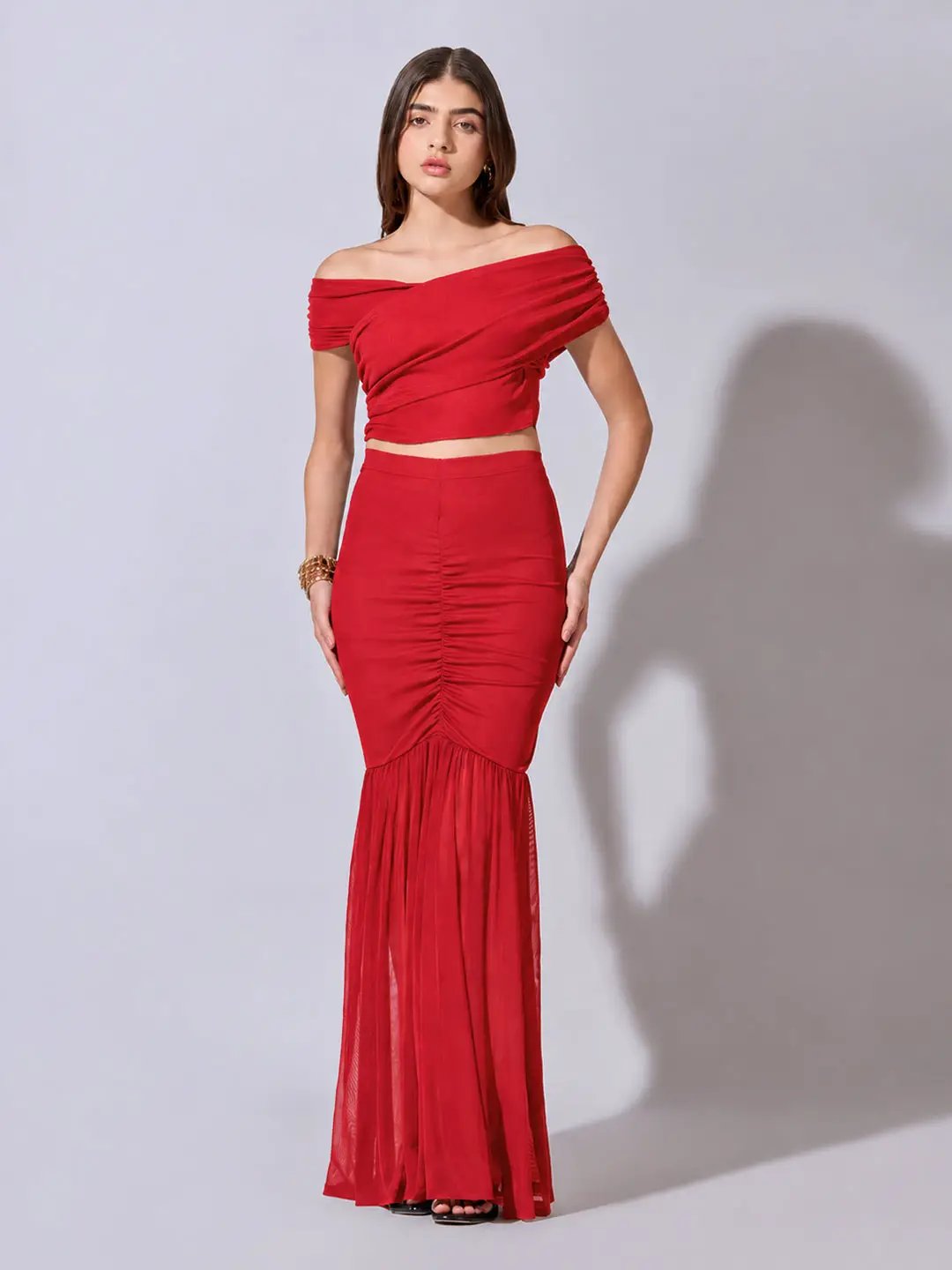 Women's Red Off Shoulder Crop Top with Ruched Skirt Co Ord Set