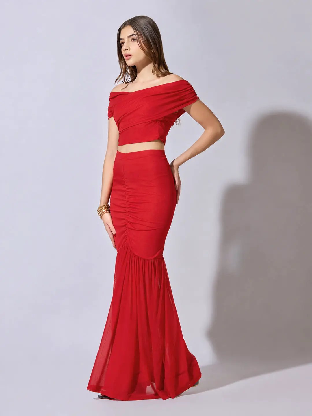 Women's Red Off Shoulder Crop Top with Ruched Skirt Co Ord Set