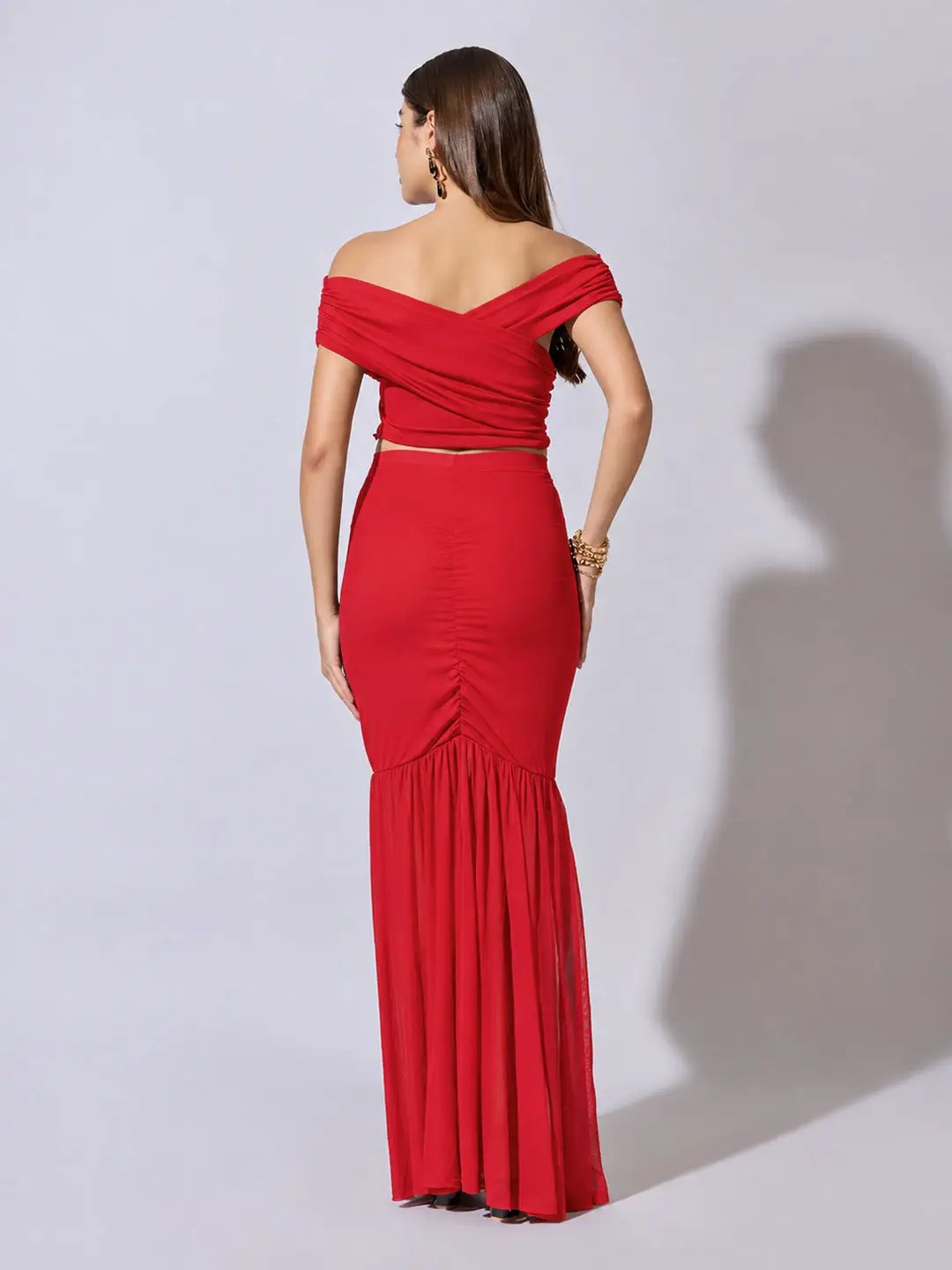 Women's Red Off Shoulder Crop Top with Ruched Skirt Co Ord Set