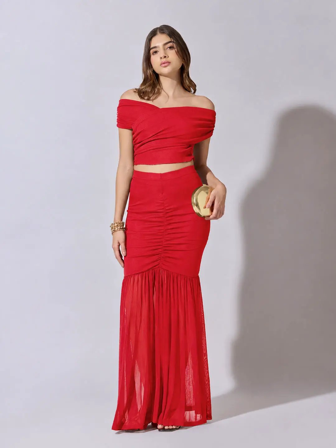 Women's Red Off Shoulder Crop Top with Ruched Skirt Co Ord Set