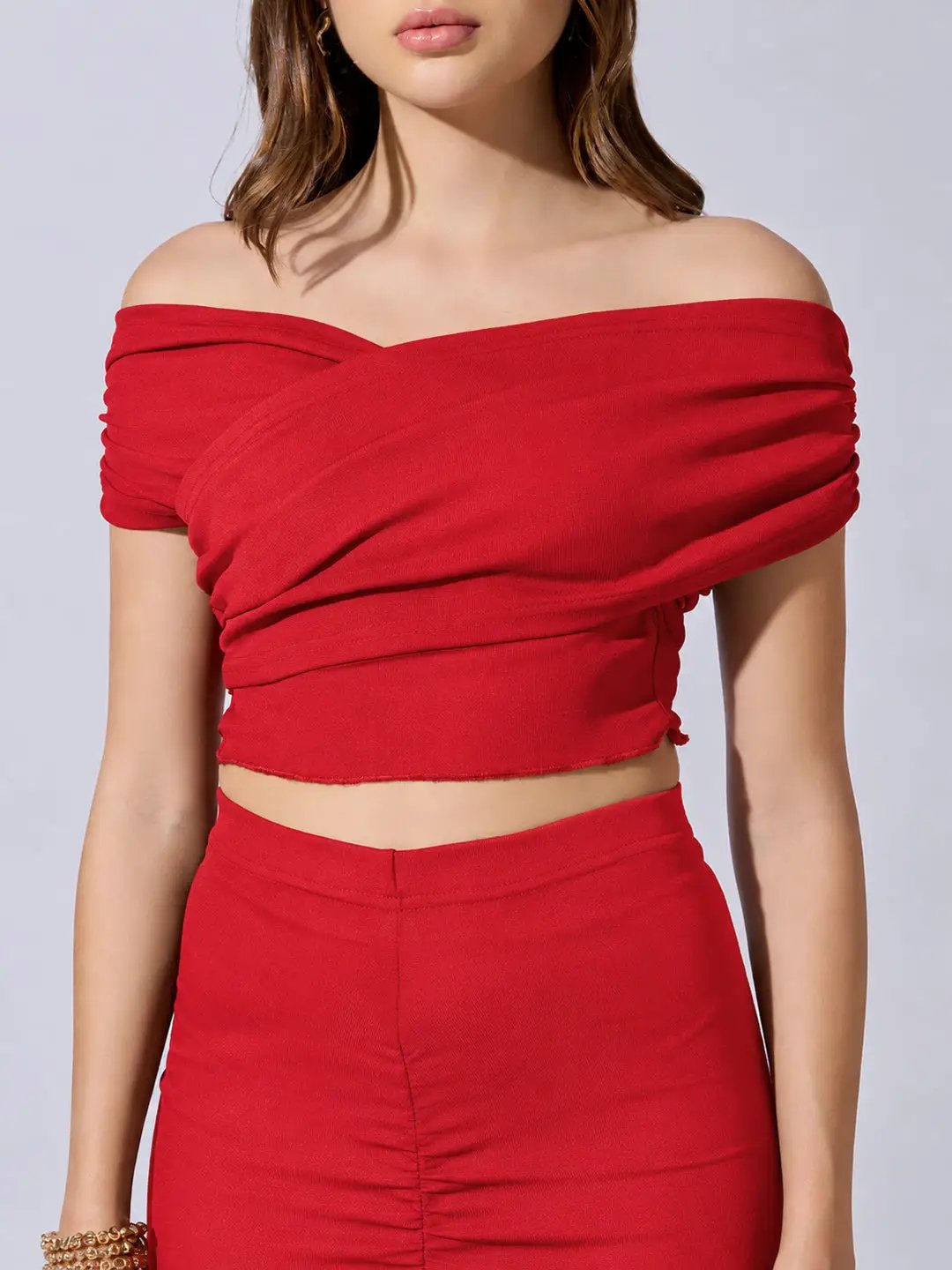 Women's Red Off Shoulder Crop Top with Ruched Skirt Co Ord Set