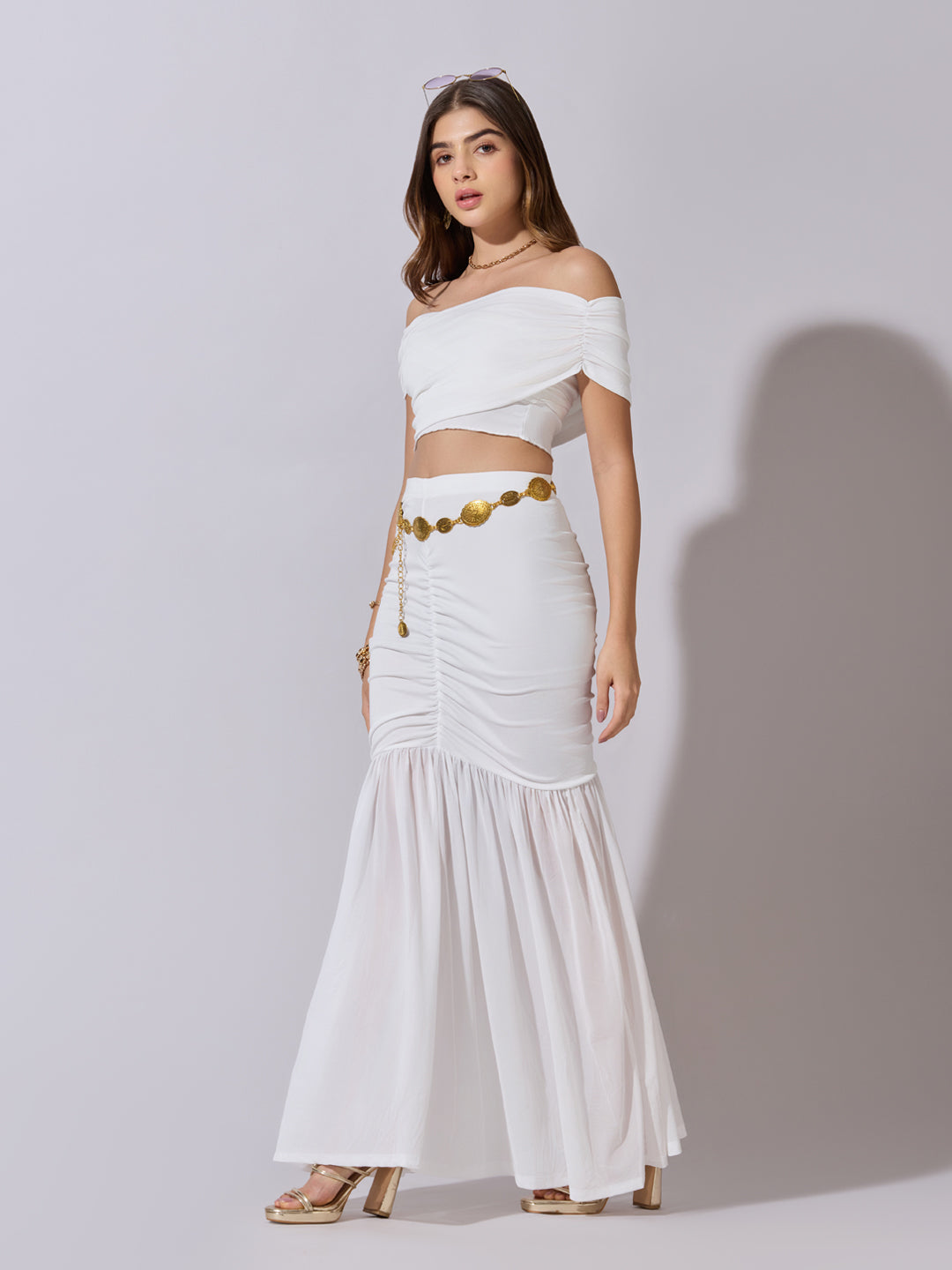 Women's White Off-Shoulder Top & Ruched Mermaid Skirt Co-Ord Set