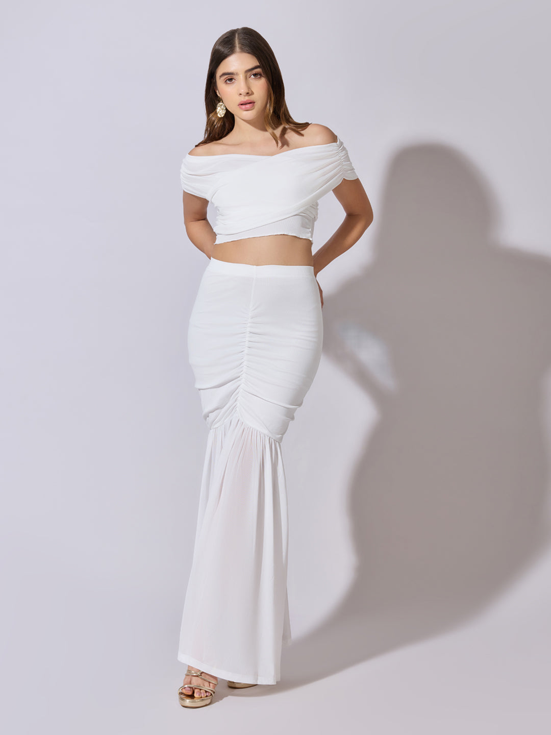 Women's White Off-Shoulder Top & Ruched Mermaid Skirt Co-Ord Set