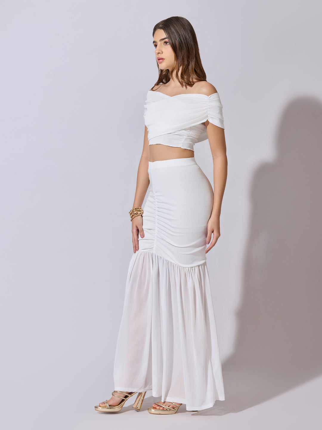 Women's White Off-Shoulder Top & Ruched Mermaid Skirt Co-Ord Set