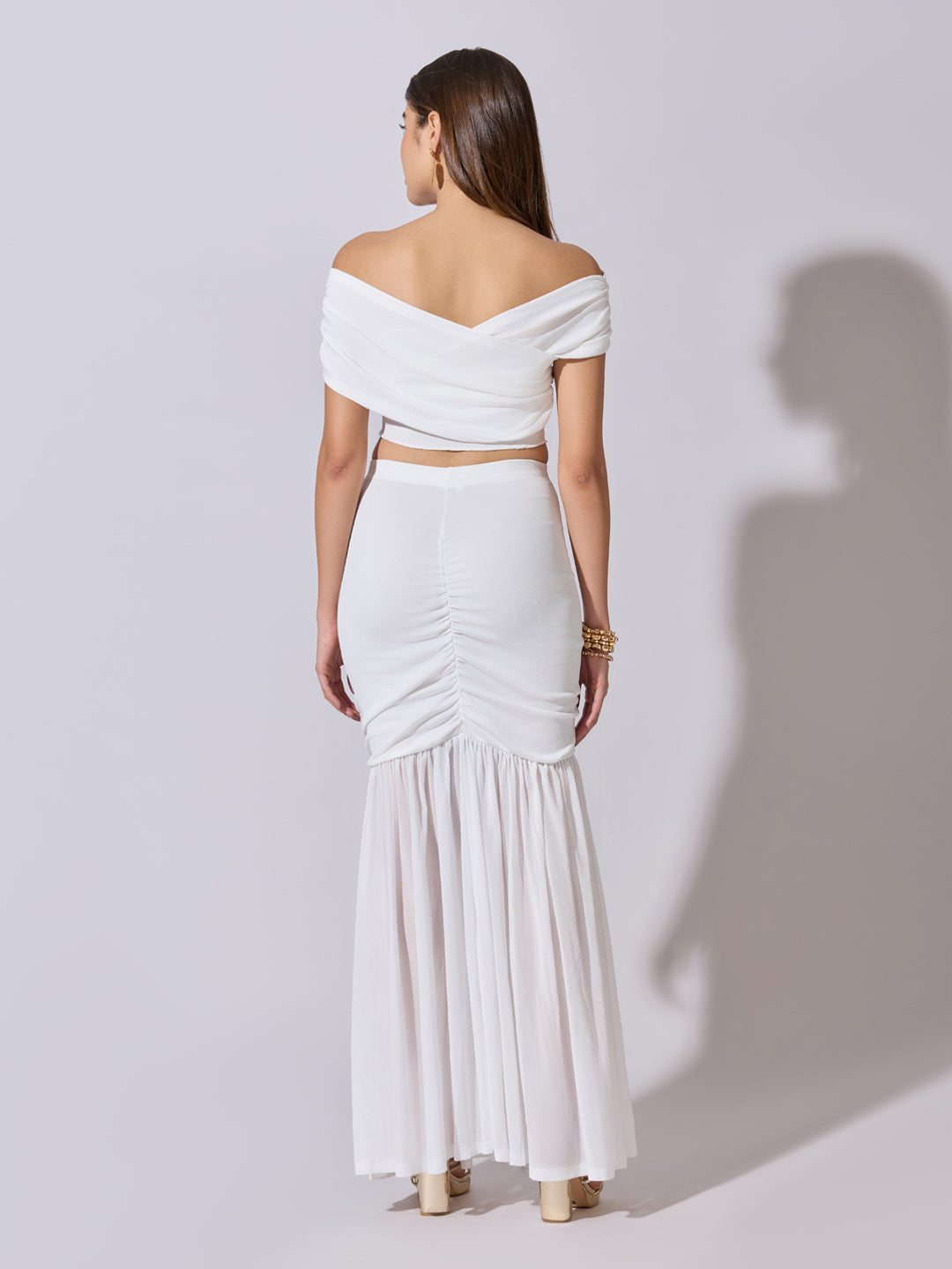 Women's White Off-Shoulder Top & Ruched Mermaid Skirt Co-Ord Set