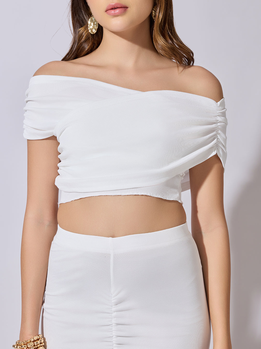 Women's White Off-Shoulder Top & Ruched Mermaid Skirt Co-Ord Set