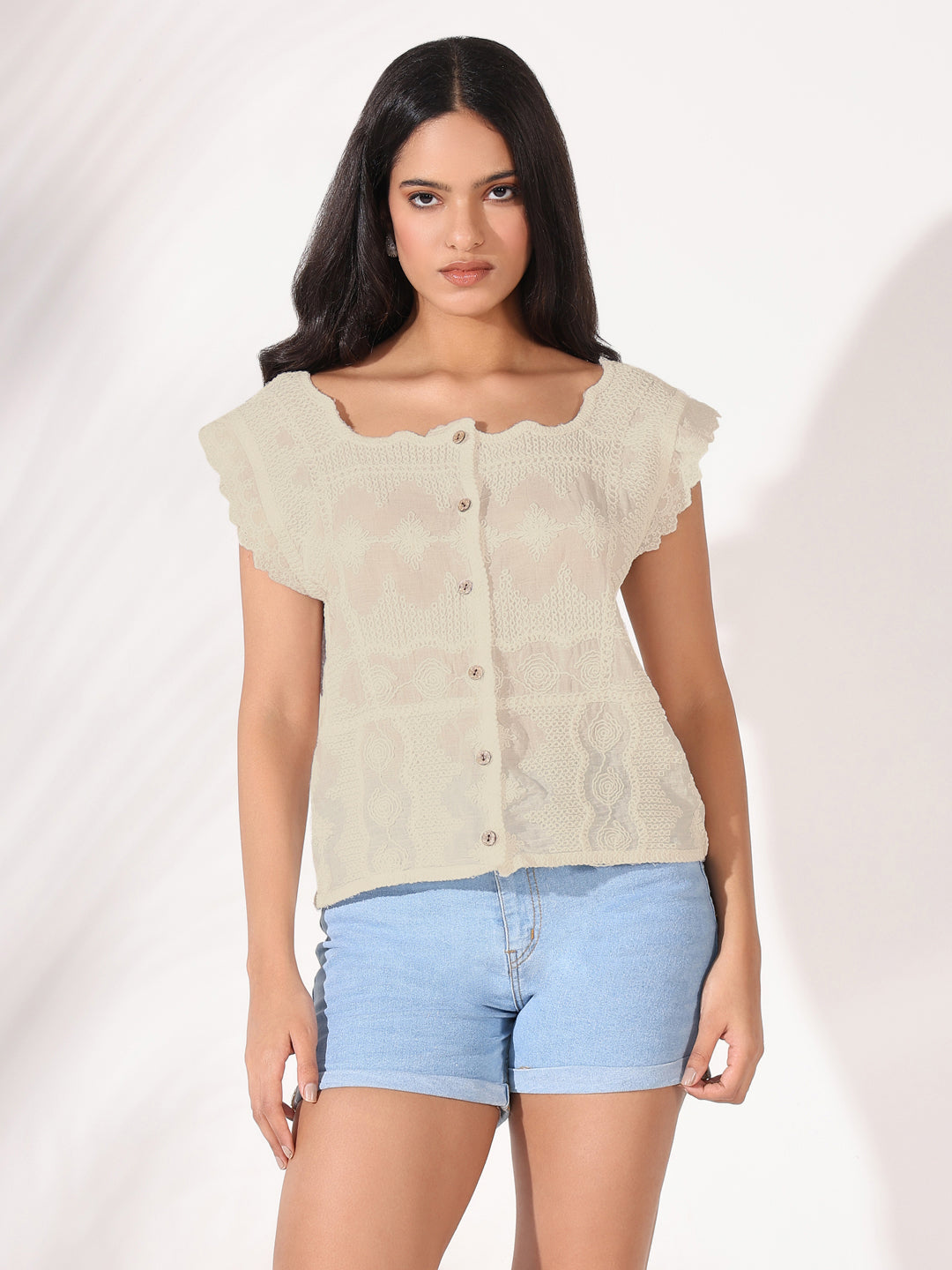 Women Floral Cream Square Neck Top