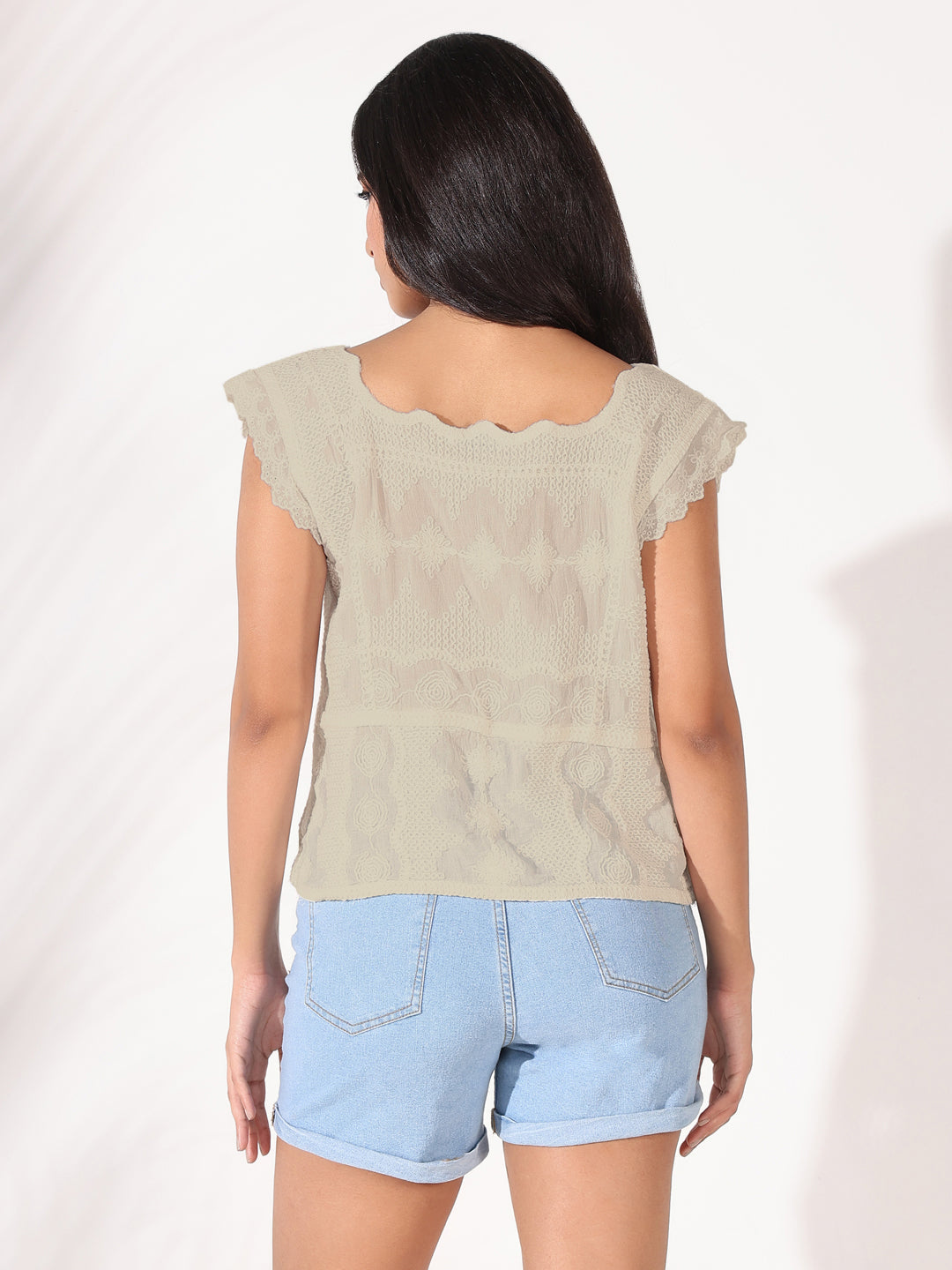 Women Floral Cream Square Neck Top