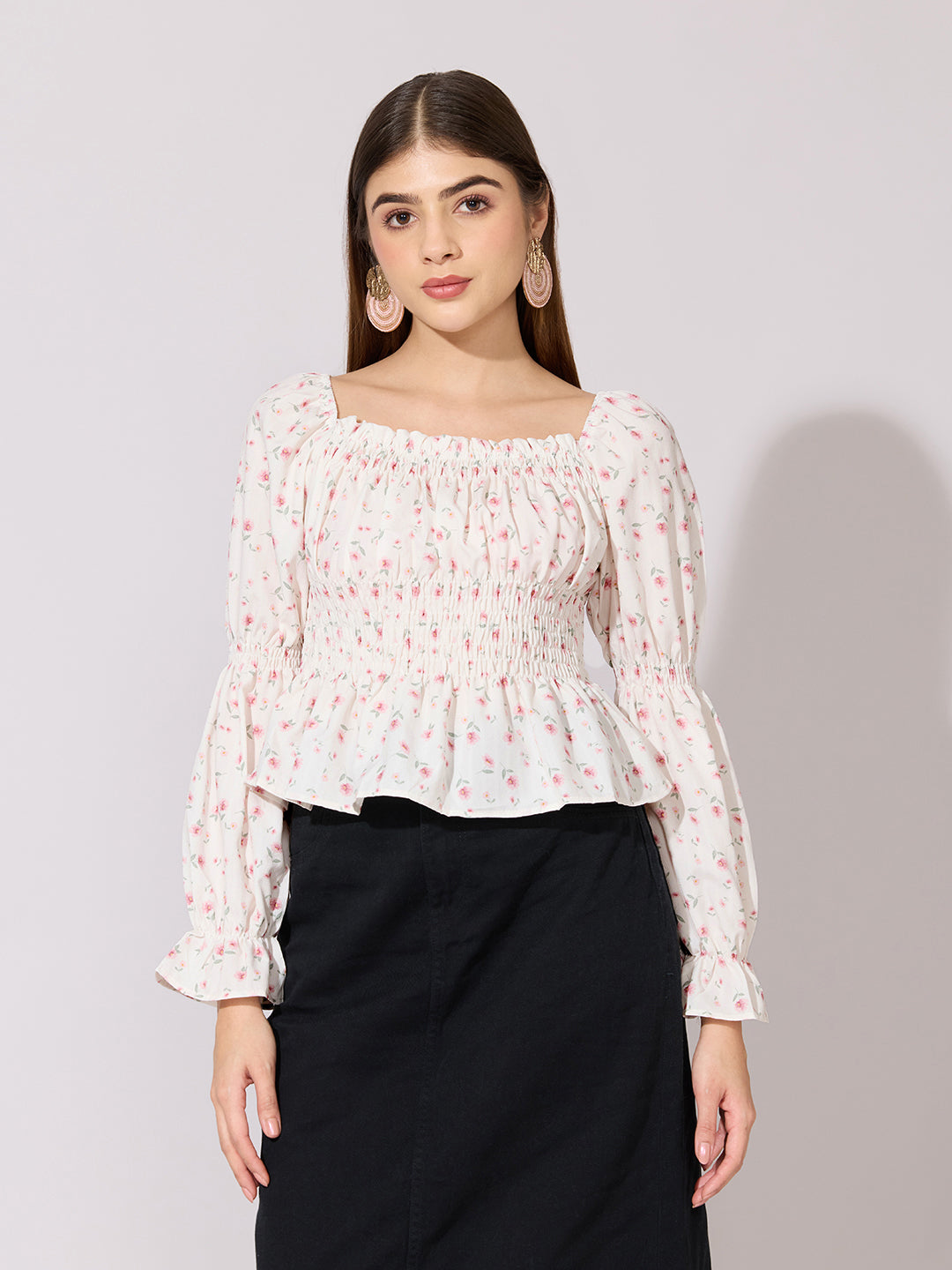 Women's Floral Print Pink Smocked Peplum Top