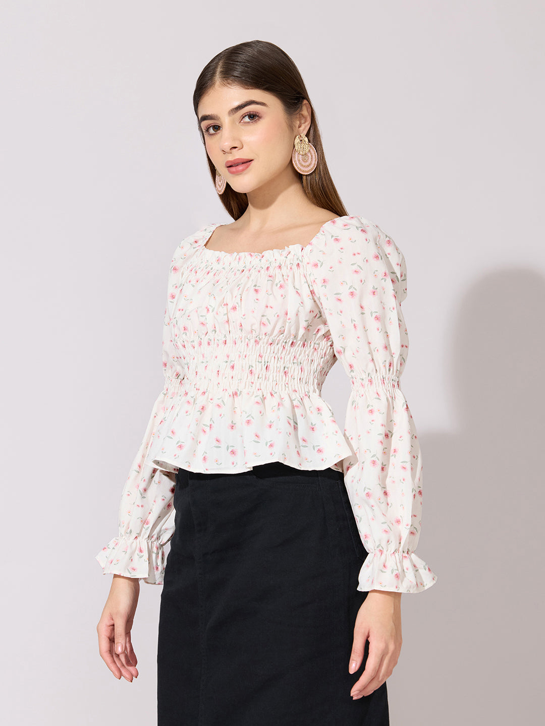 Women's Floral Print Pink Smocked Peplum Top