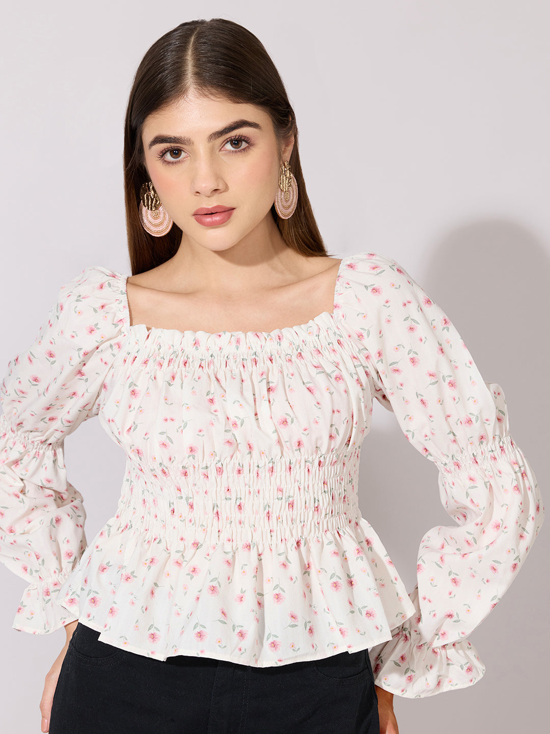 Women's Floral Print Pink Smocked Peplum Top