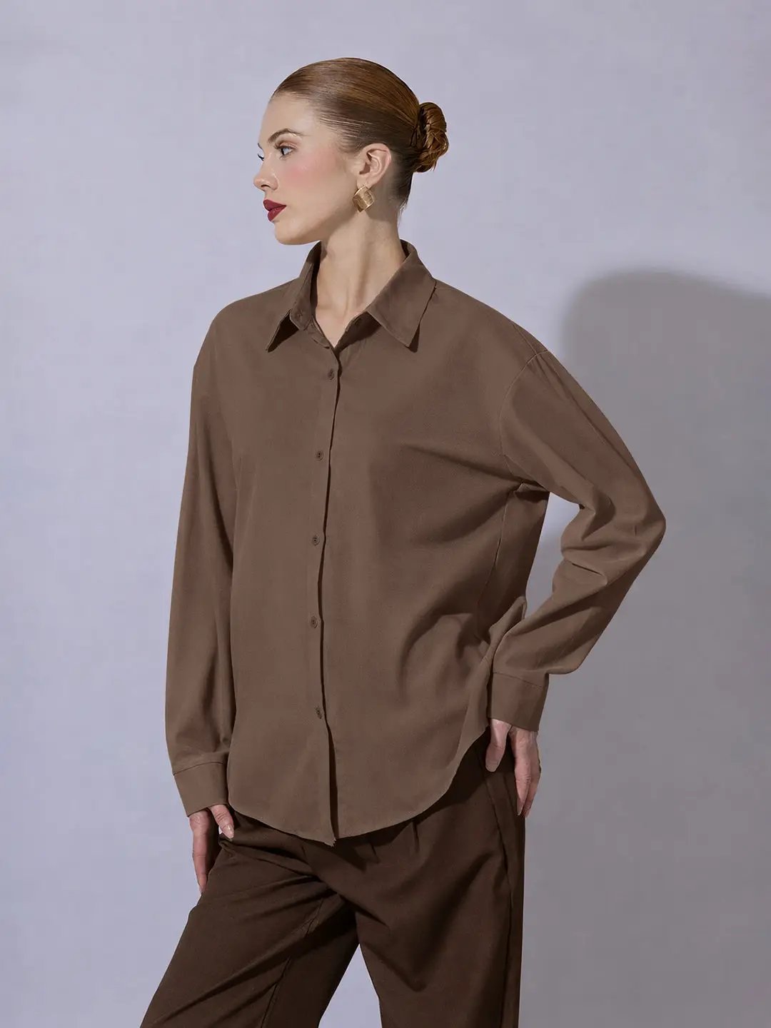 Women's Brown Long Sleeve Button-Down Shirt - from SHOWOFFFF
