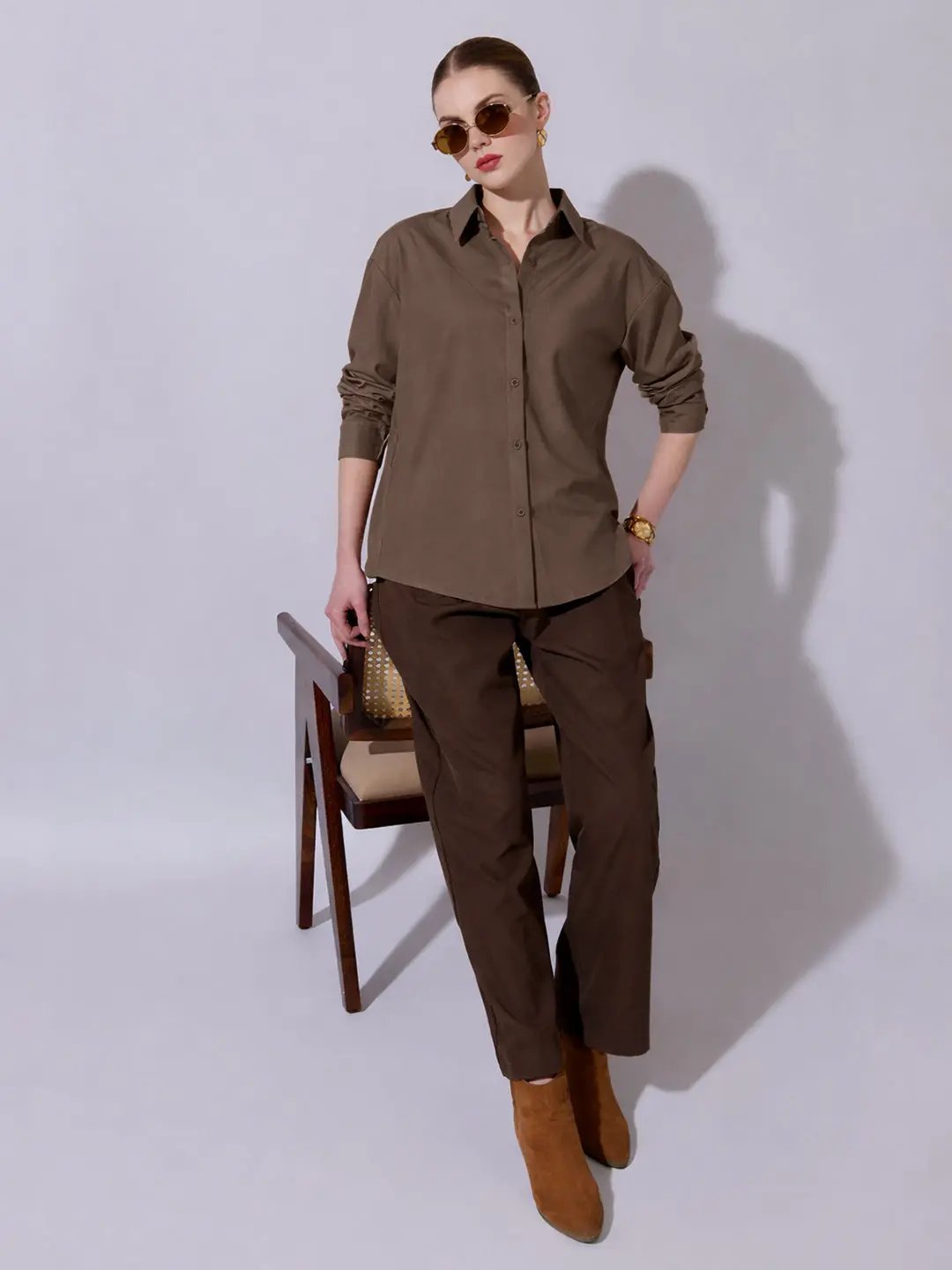 Women's Brown Long Sleeve Button-Down Shirt - from SHOWOFFFF
