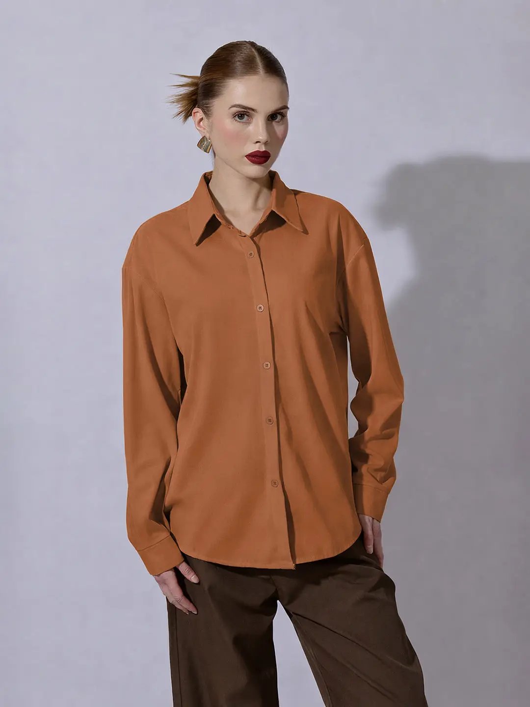 Women's Camel Brown Long Sleeve Button-Down Shirt - Uncategorized from SHOWOFFFF