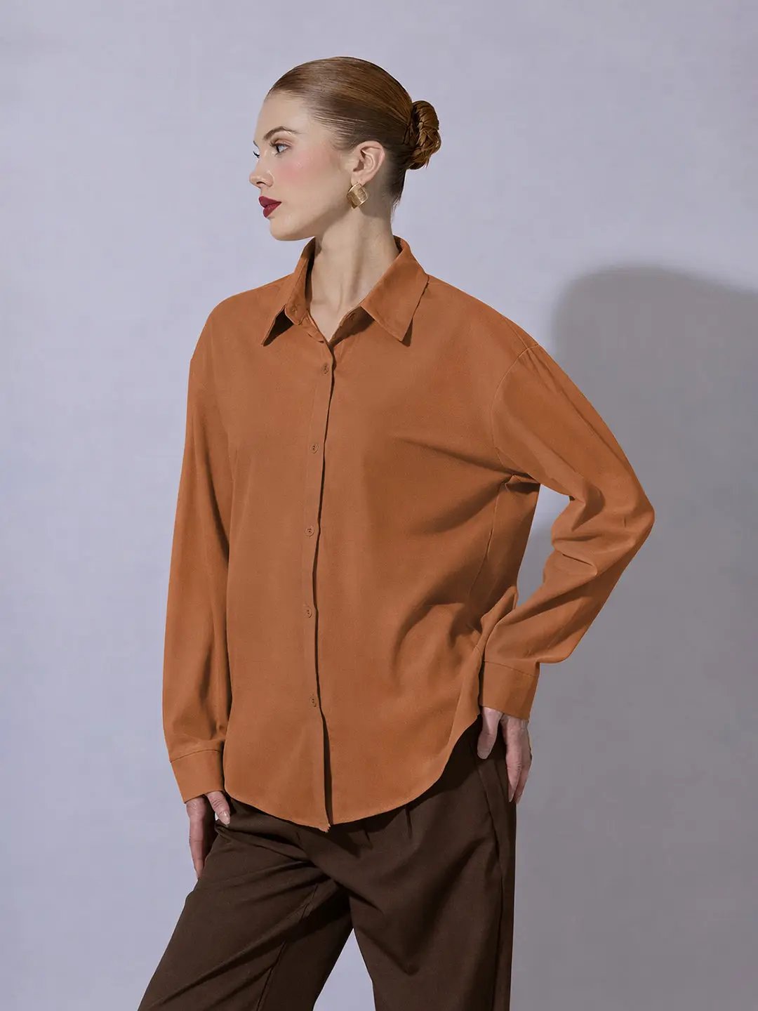 Women's Camel Brown Long Sleeve Button-Down Shirt - Uncategorized from SHOWOFFFF