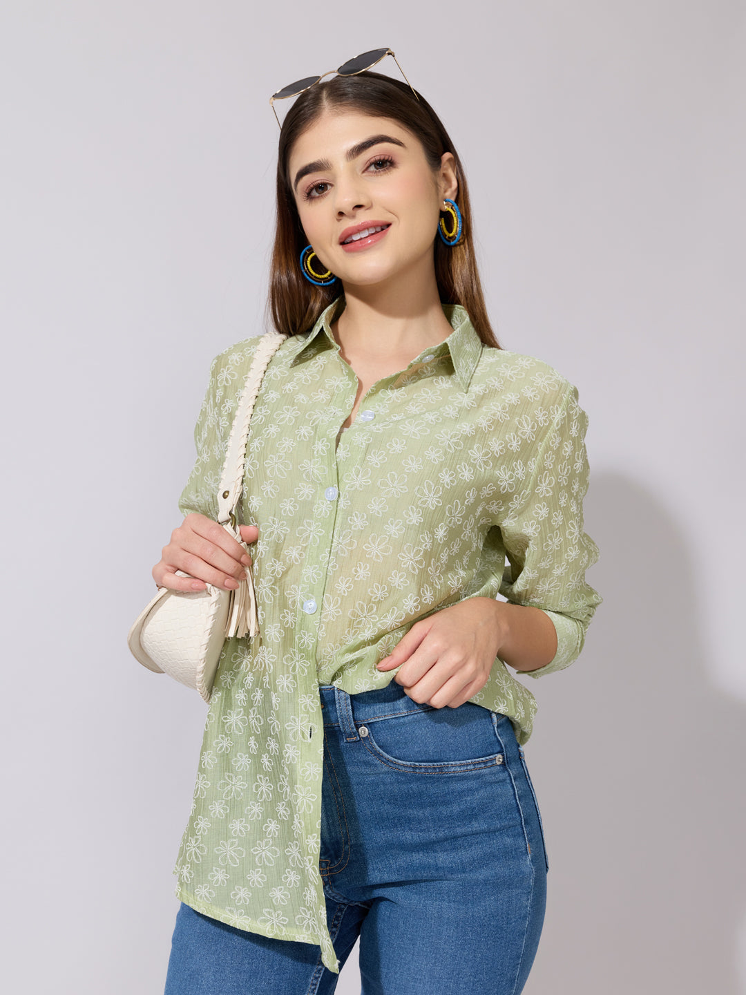 Women's Embroidered Green Sheer Button-Down Shirt