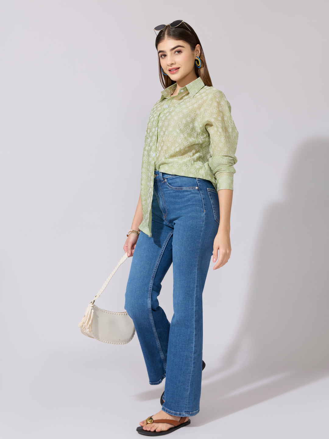 Women's Embroidered Green Sheer Button-Down Shirt