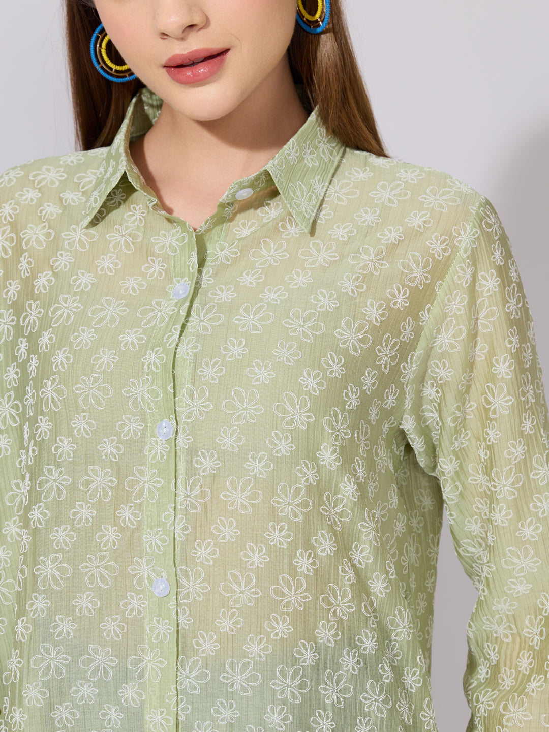 Women's Embroidered Green Sheer Button-Down Shirt