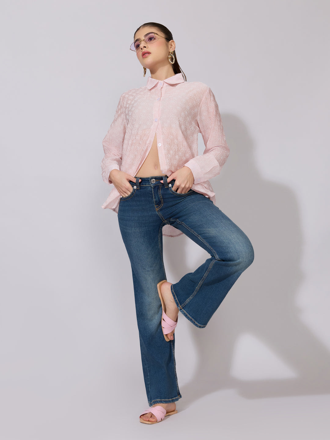 Women's Embroidered Pink Sheer Button-Down Shirt
