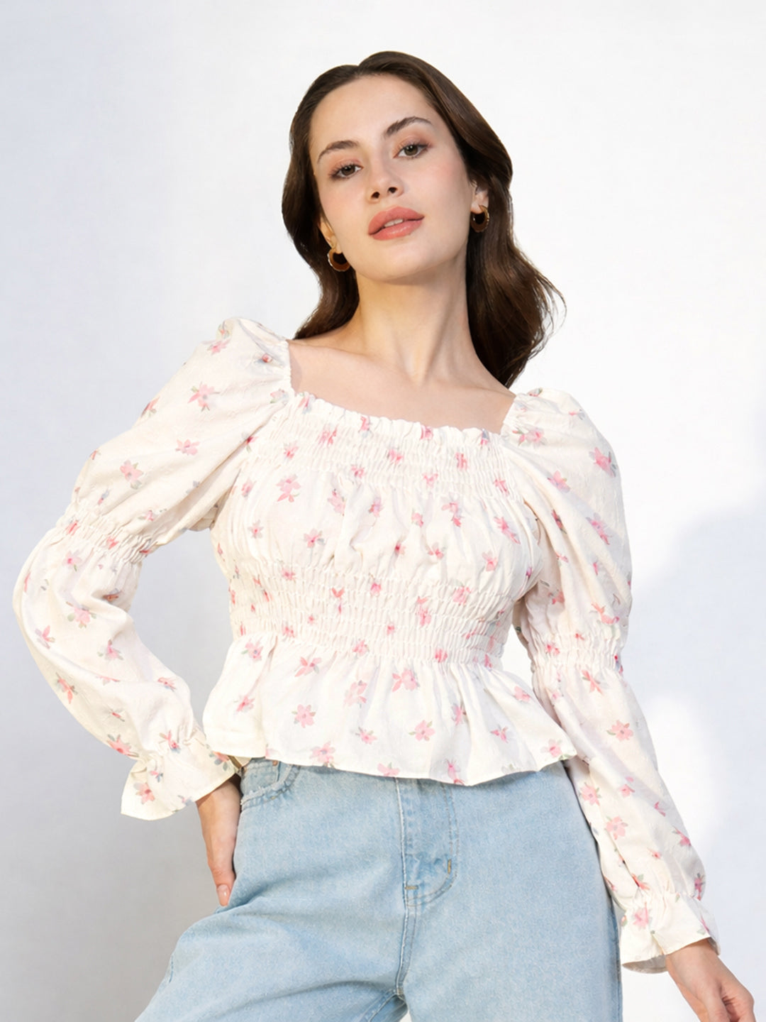 Women's Floral Print Cream Smocked Peplum Top