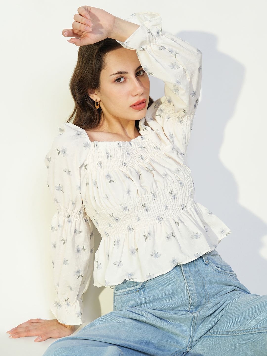 Women's Floral Cream Smocked Peplum Top