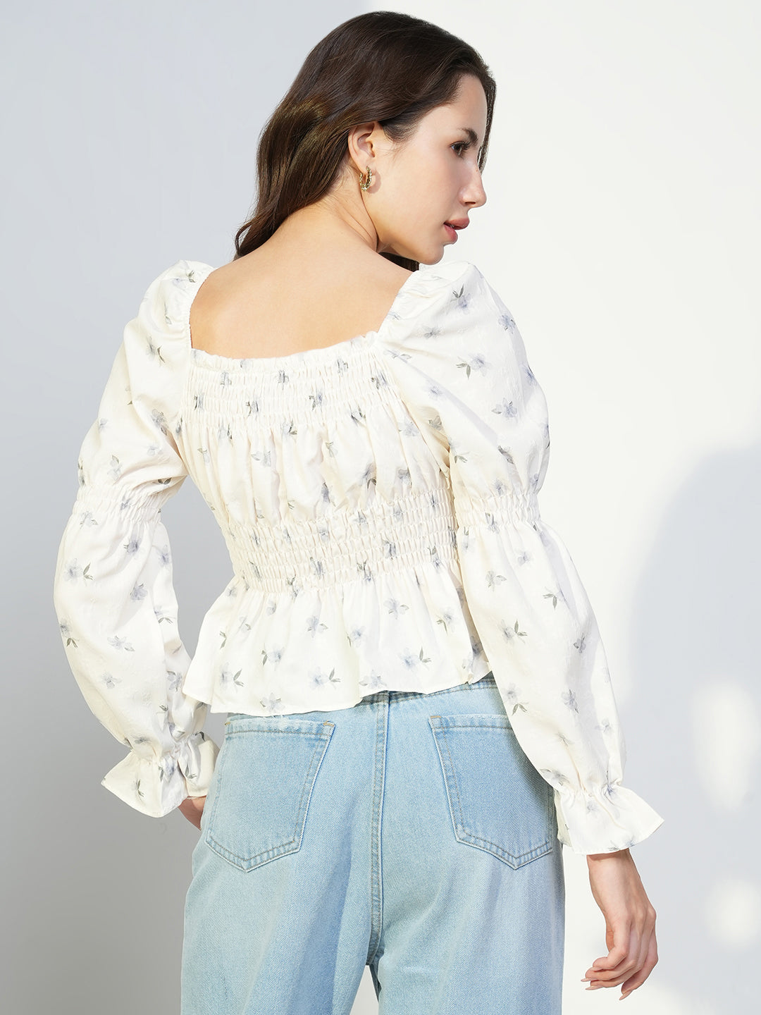 Women's Floral Cream Smocked Peplum Top