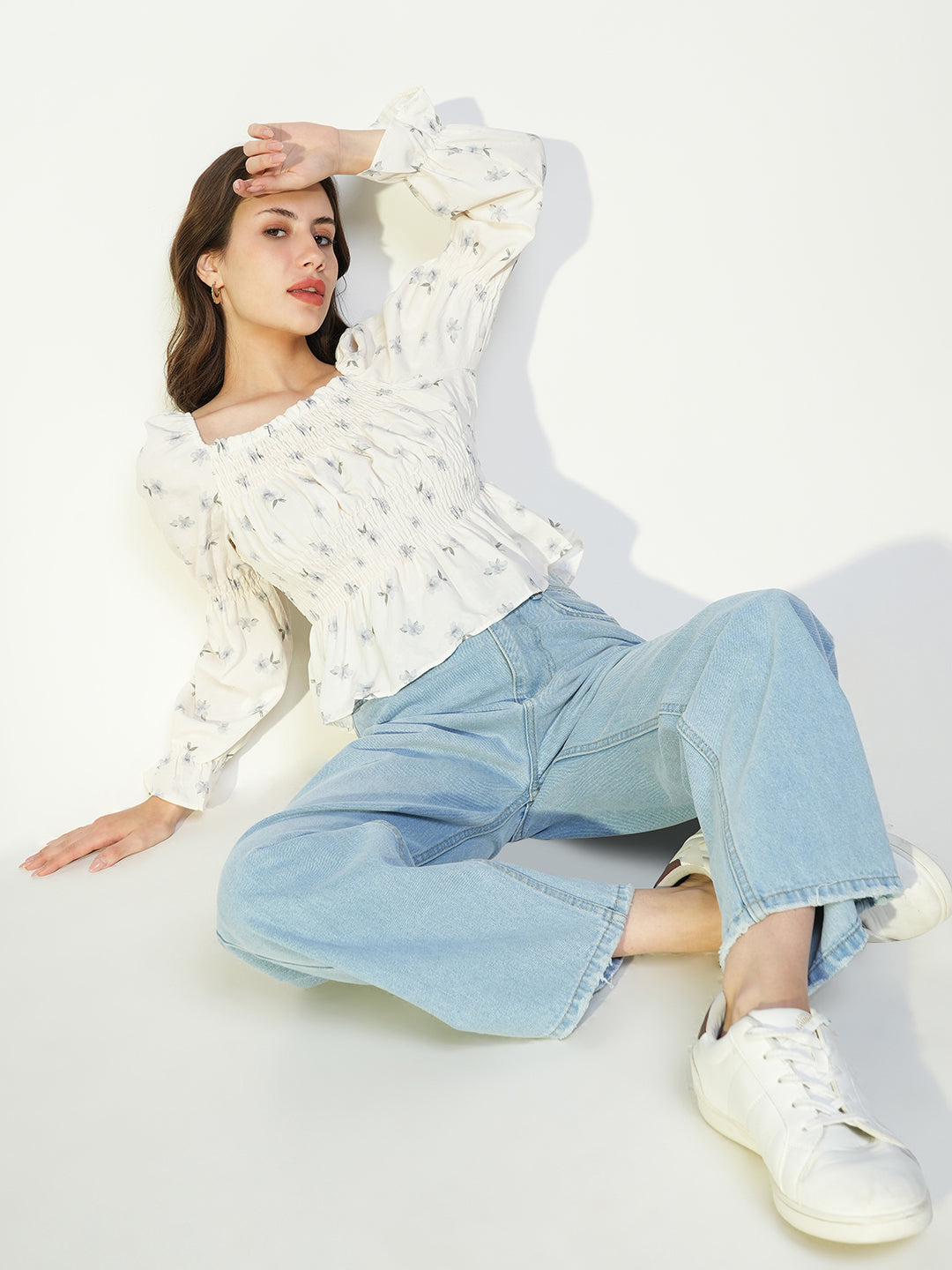 Women's Floral Cream Smocked Peplum Top