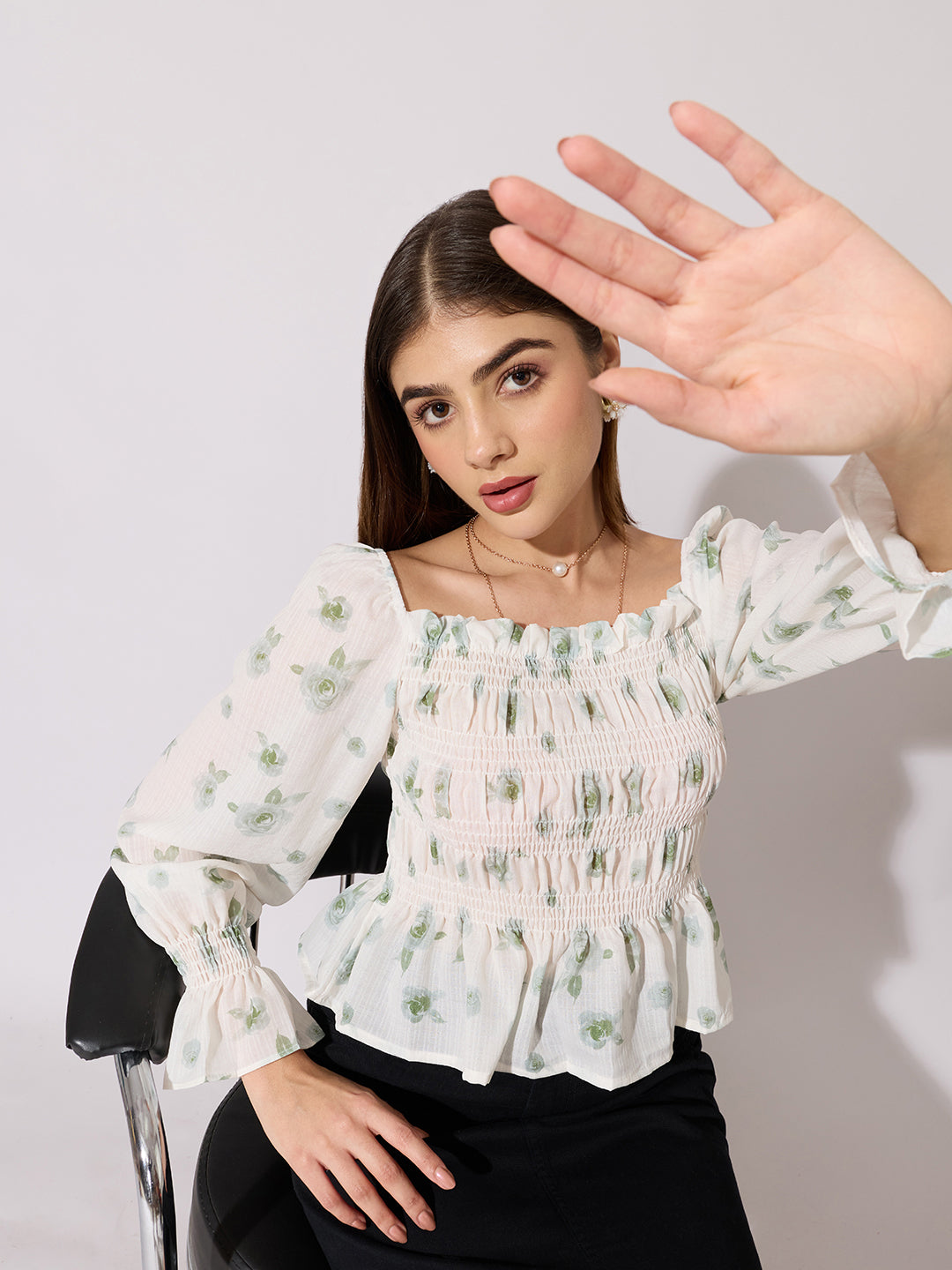 Women's Floral Print Green Smocked Top with Ruffle Hem