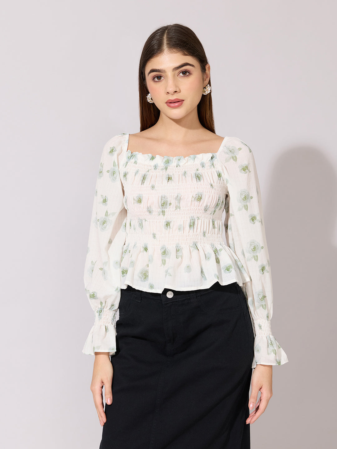 Women's Floral Print Green Smocked Top with Ruffle Hem