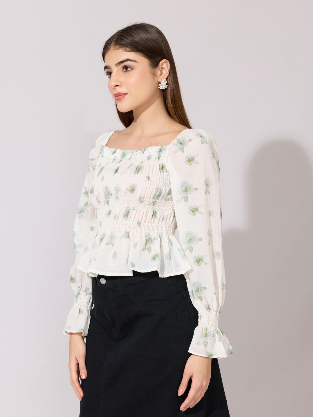 Women's Floral Print Green Smocked Top with Ruffle Hem