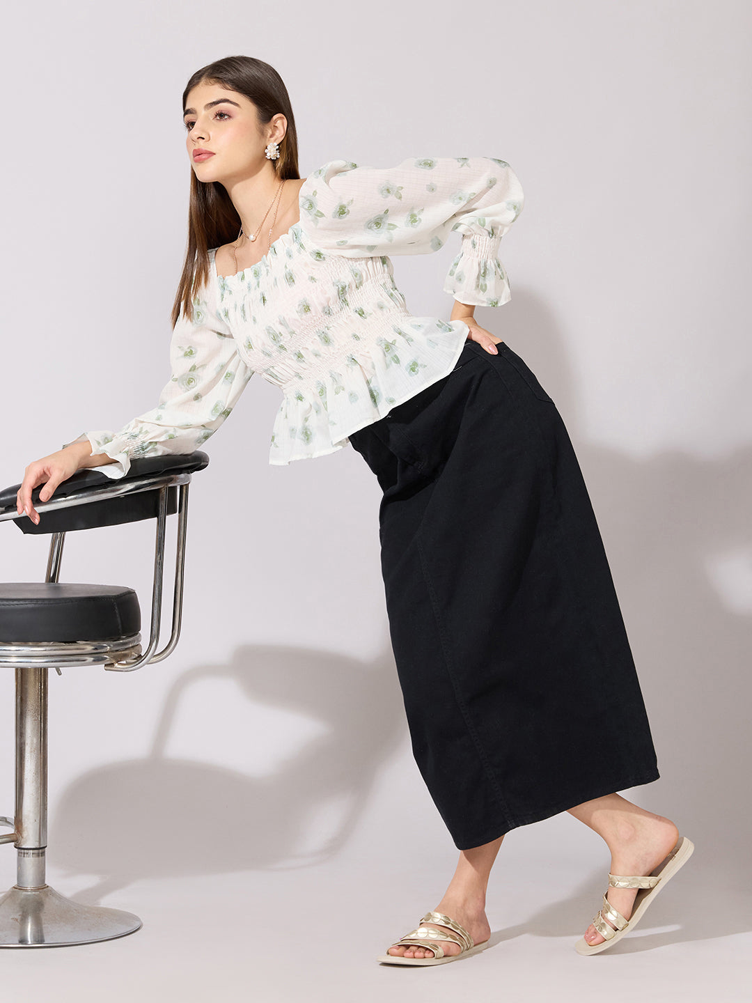 Women's Floral Print Green Smocked Top with Ruffle Hem