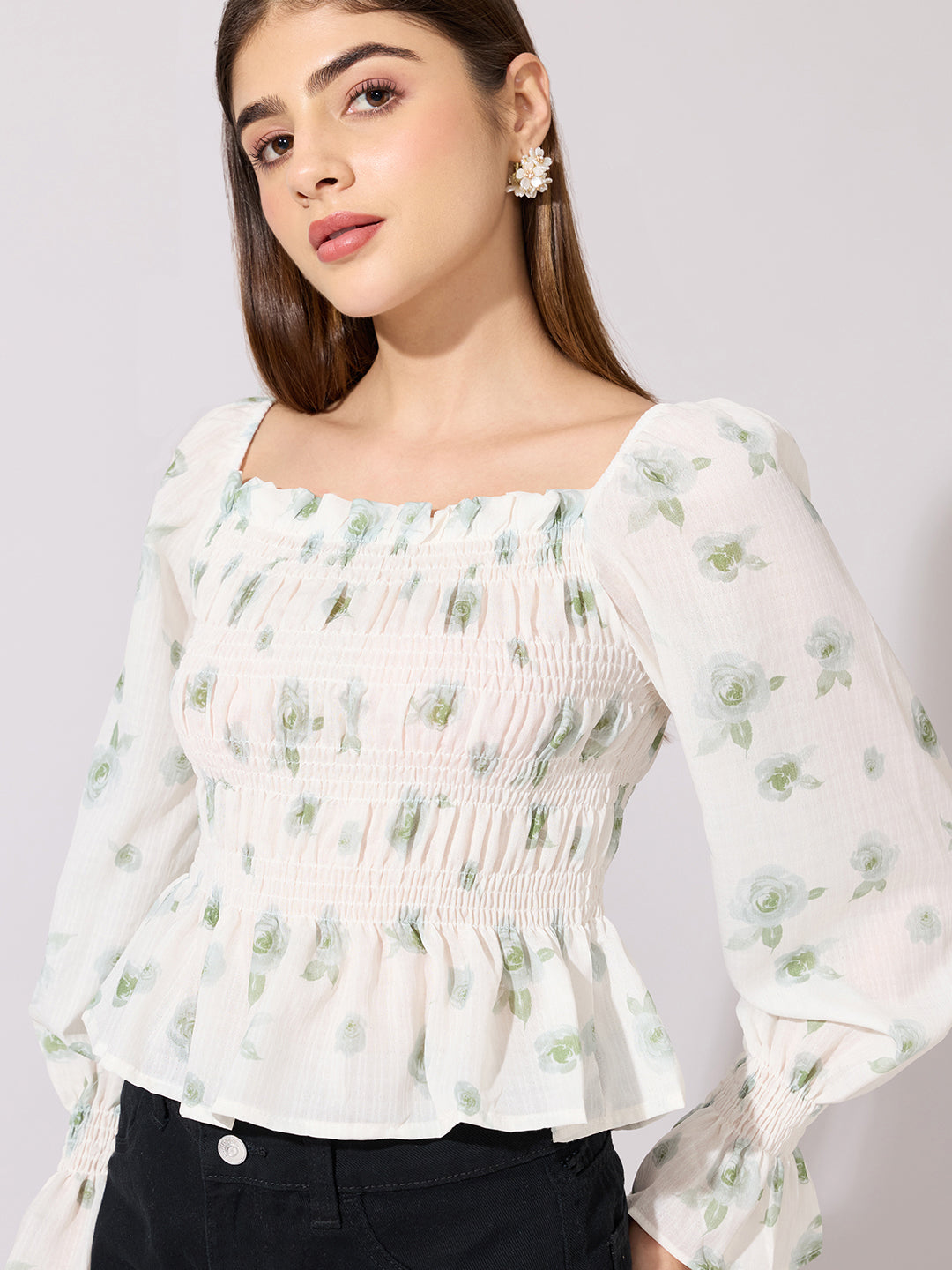 Women's Floral Print Green Smocked Top with Ruffle Hem