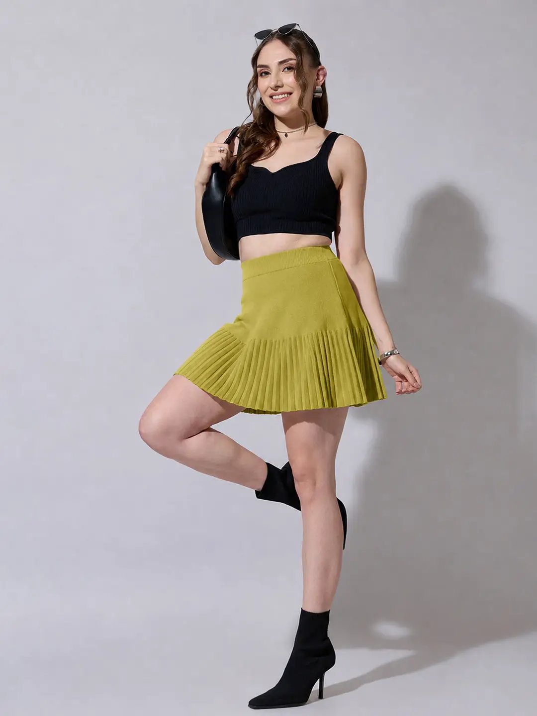 Women's Solid Pleated Olive Knit Mini Skirt