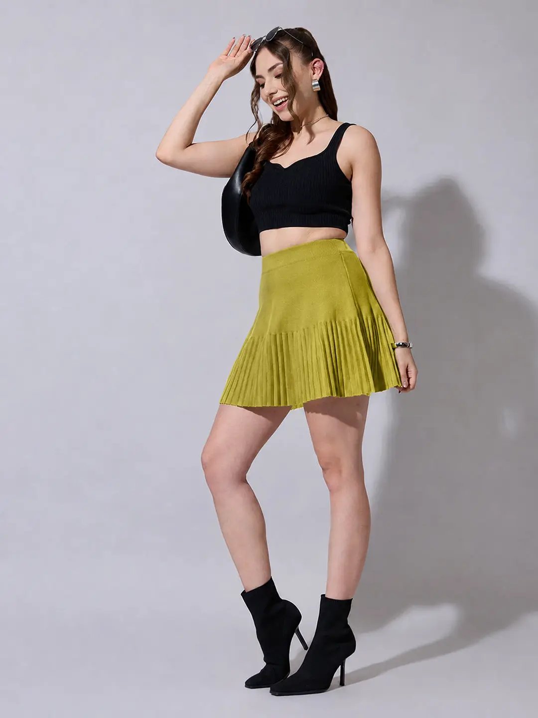 Women's Solid Pleated Olive Knit Mini Skirt