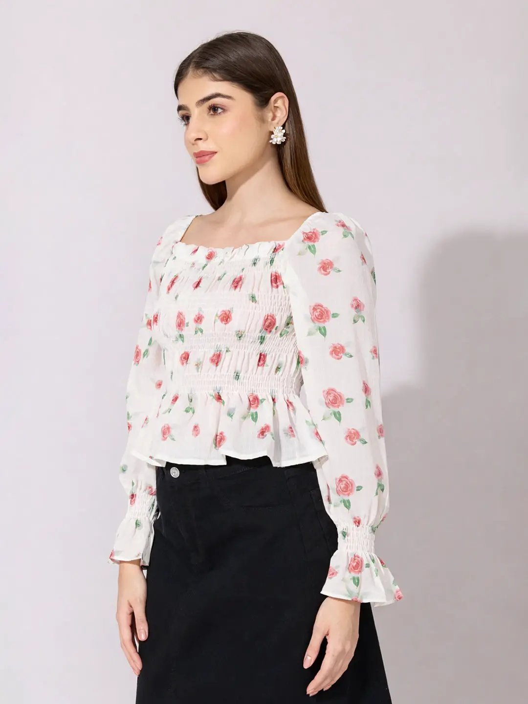 Women's Floral Print Red Smocked Top with Ruffle Hem - from SHOWOFFFF