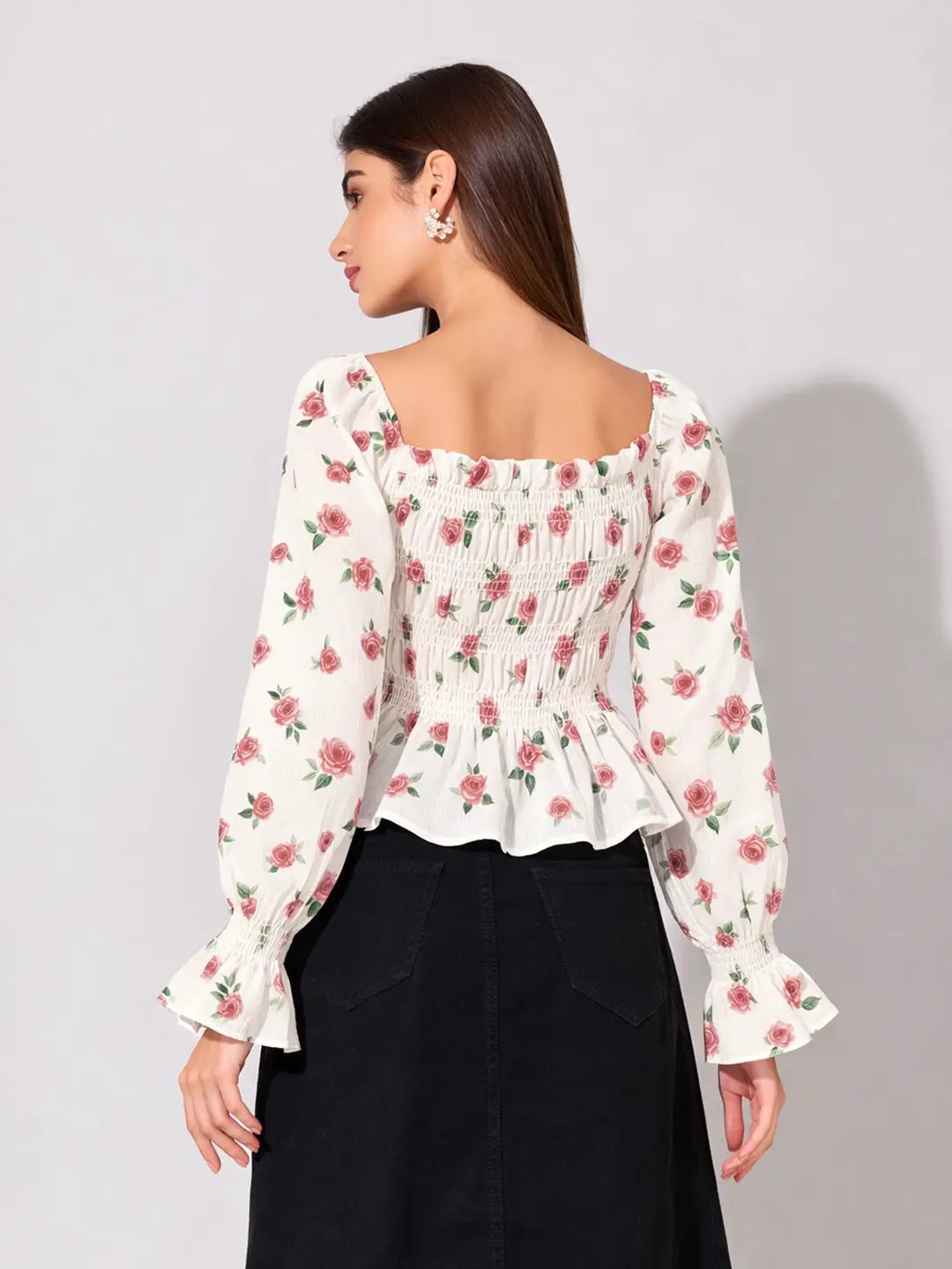 Women's Floral Print Red Smocked Top with Ruffle Hem - from SHOWOFFFF