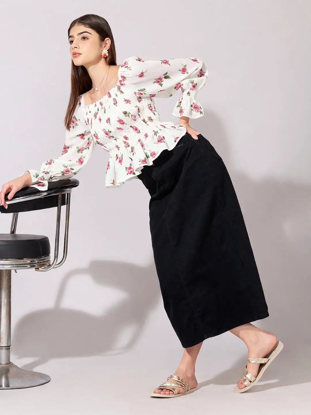 Women's Floral Print Red Smocked Top with Ruffle Hem - from SHOWOFFFF