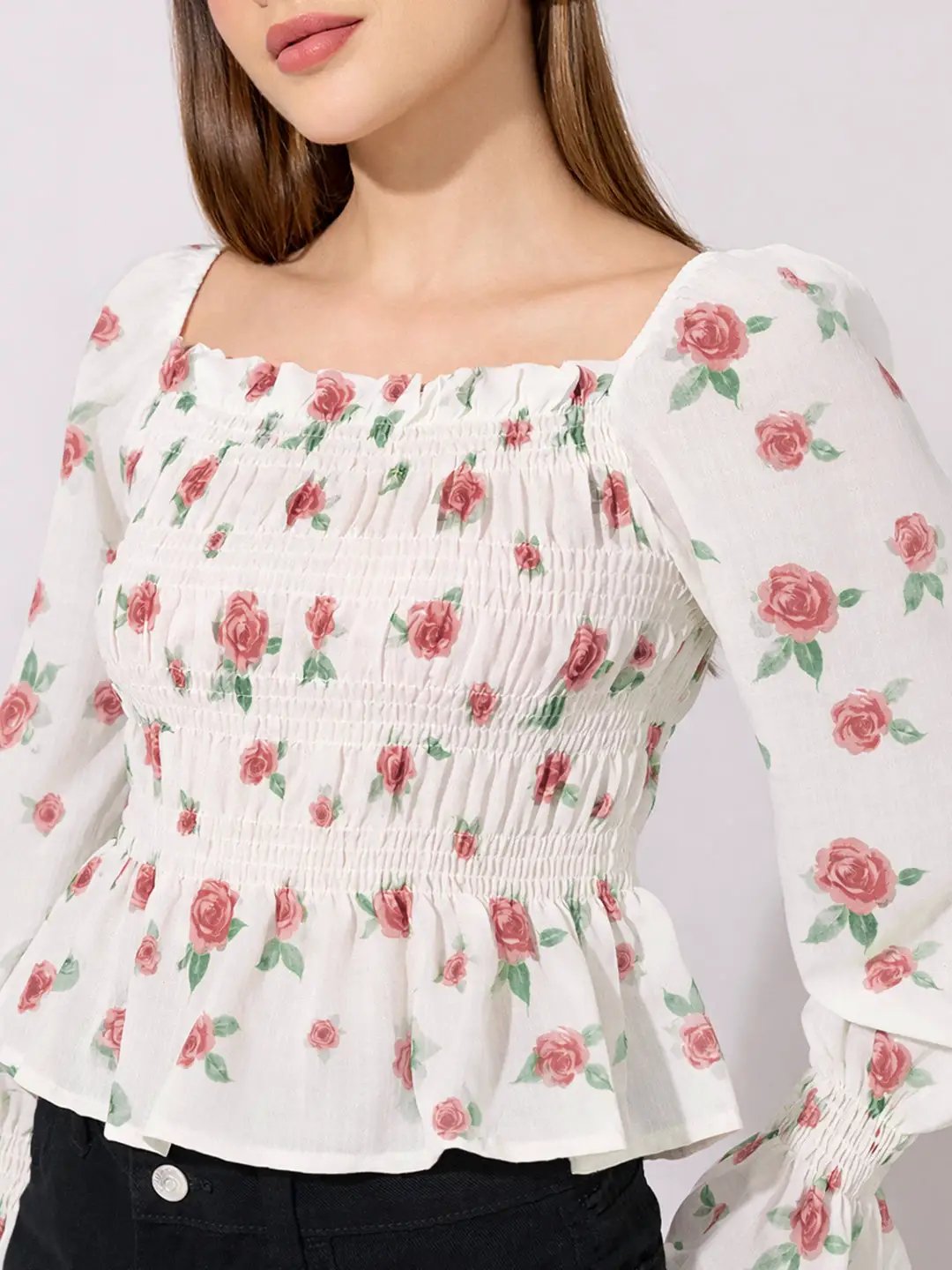 Women's Floral Print Red Smocked Top with Ruffle Hem - from SHOWOFFFF