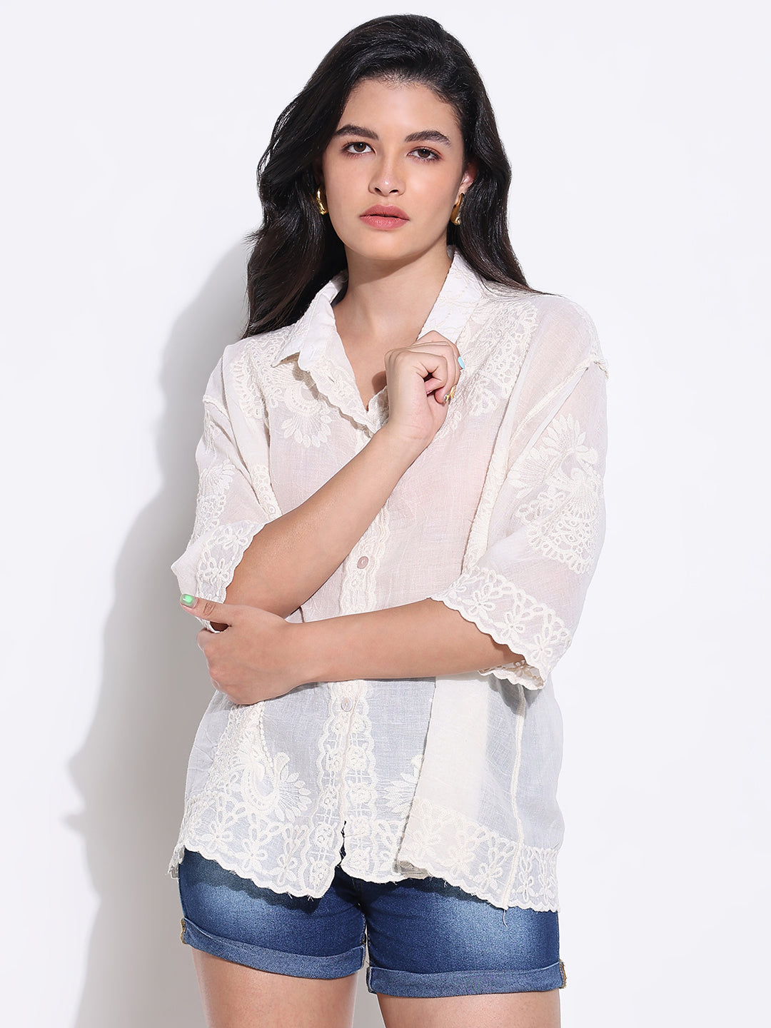 Women Solid Cream Oversized Shirt