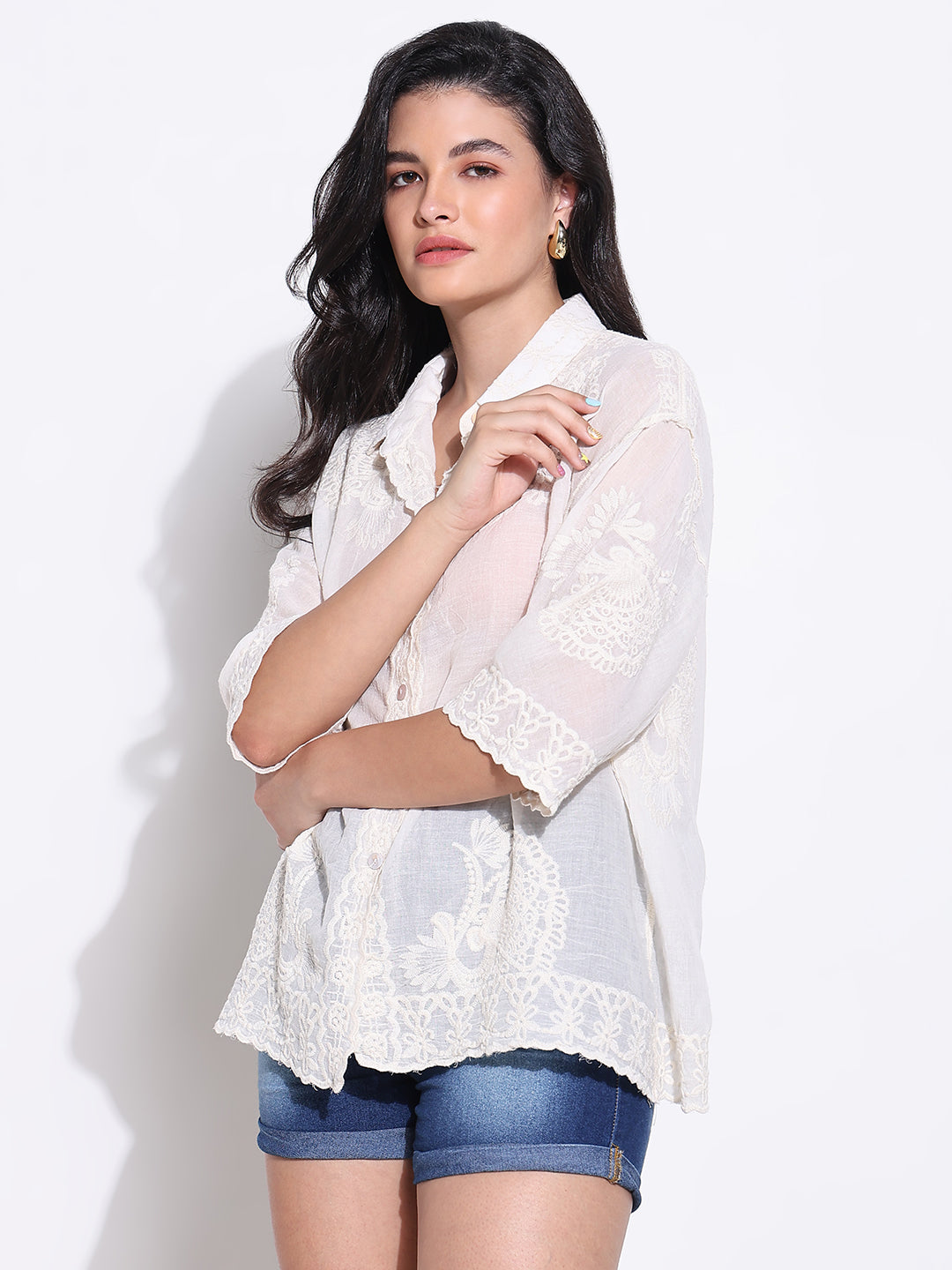 Women Solid Cream Oversized Shirt