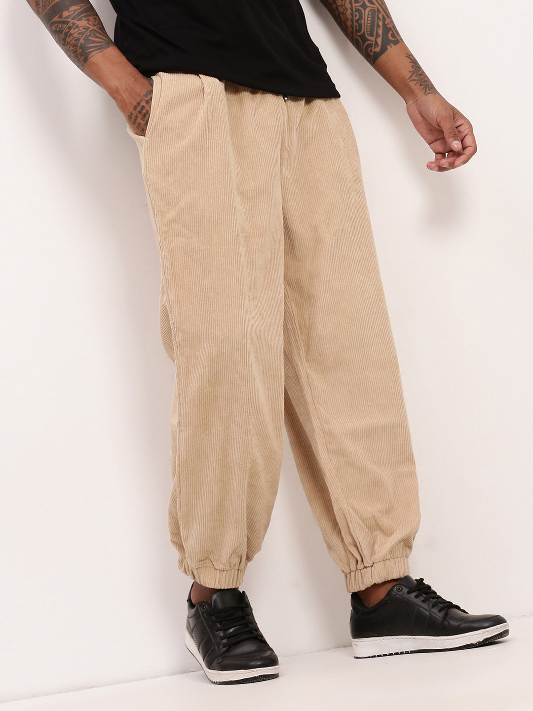 Men's Beige Relaxed Fit Corduroy Joggers with Elasticated Drawstring Waist