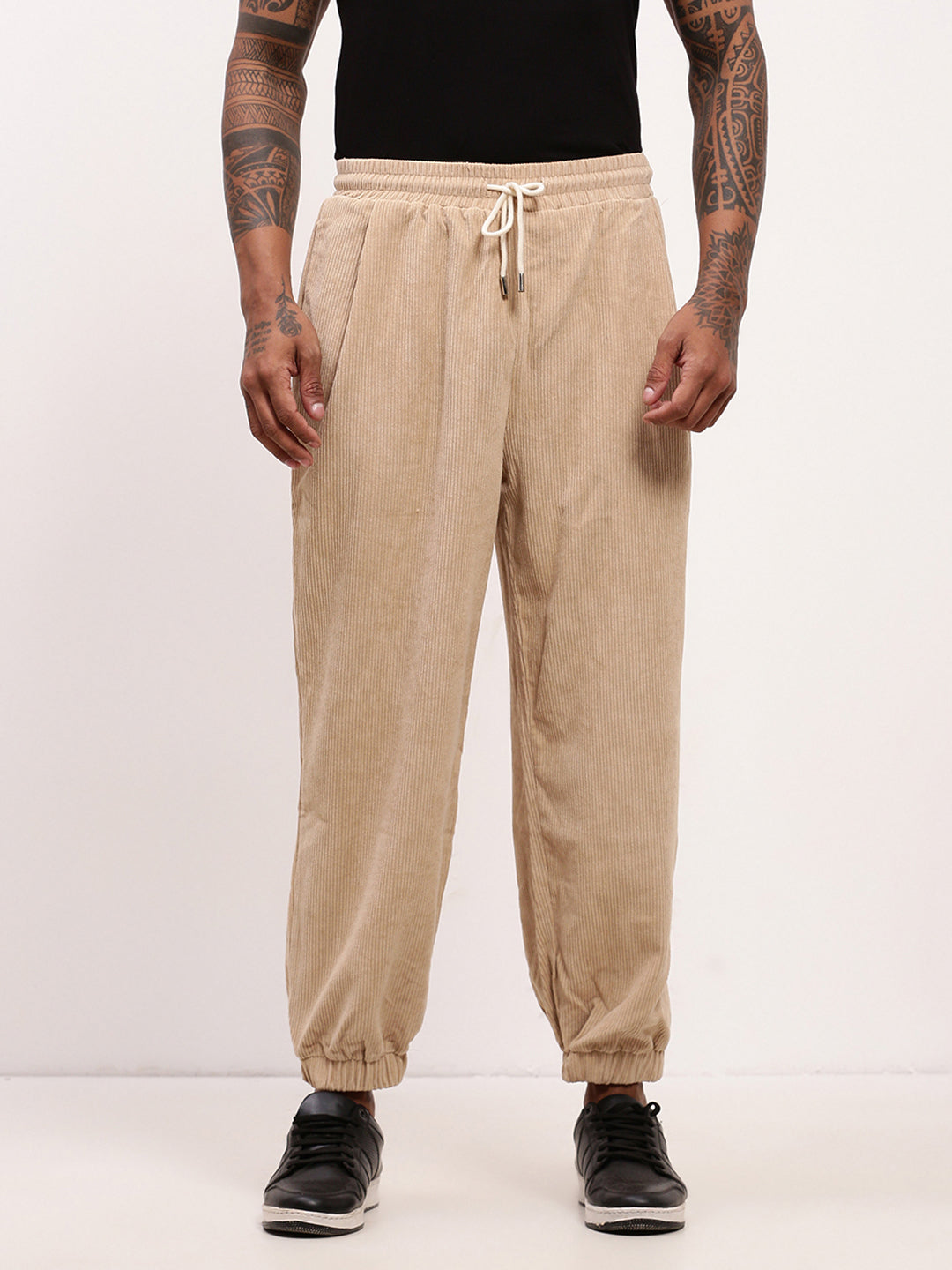 Men's Beige Relaxed Fit Corduroy Joggers with Elasticated Drawstring Waist